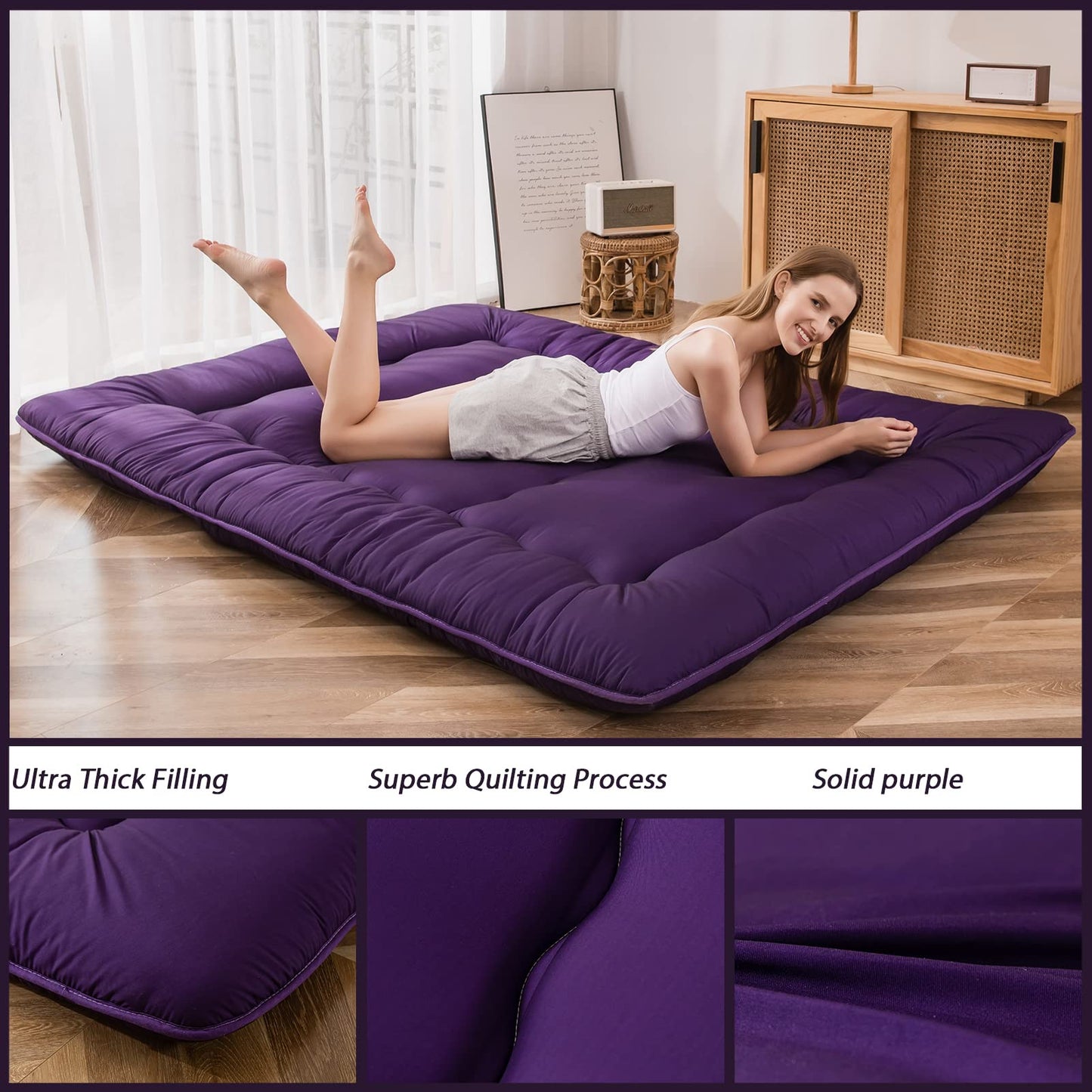 MAXYOYO Japanese Floor Mattress Futon Mattress Quilted Bed Mattress Topper, Purple