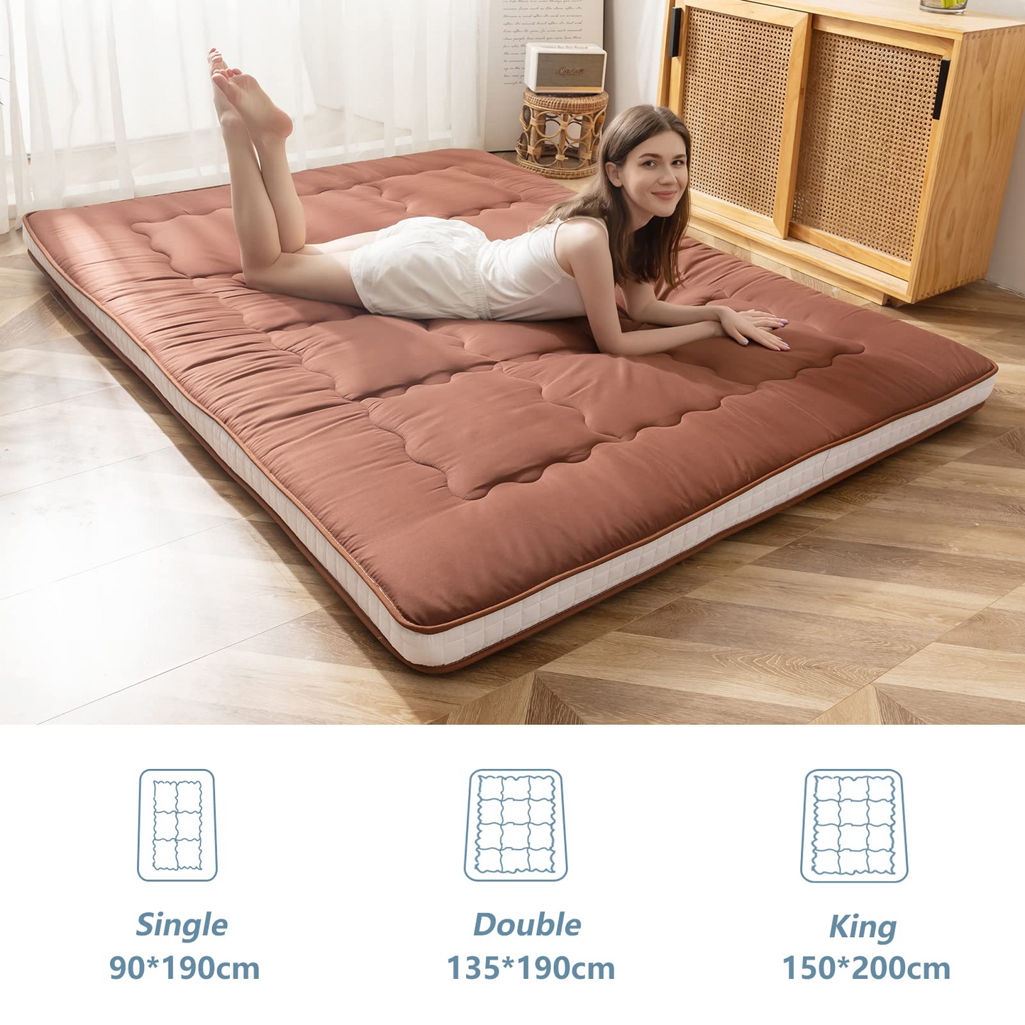 MAXYOYO Futon Mattress, Padded Japanese Floor Mattress Extra Thick Folding Sleeping Pad, Brown