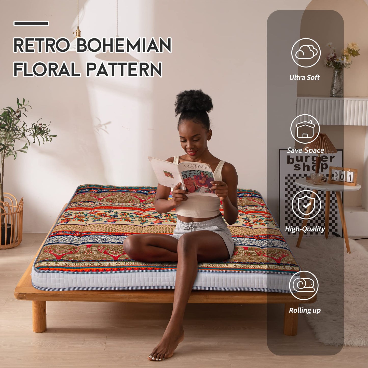 MAXYOYO Bohemian Retro Floor Mattress Vintage Floral Japanese Futon Mattress Thick Roll Up Thicken Sleeping Bed