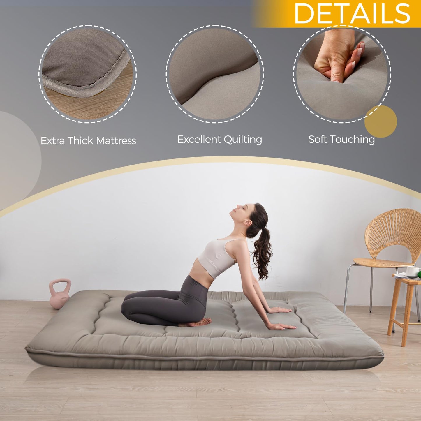 MAXYOYO 15cm Japanese Floor Mattress, Classic Quilted Bed Mattress, Extra Thick Sleeping Pad Breathable Floor Lounger Guest Bed Car Bed (Charcoal Gray)