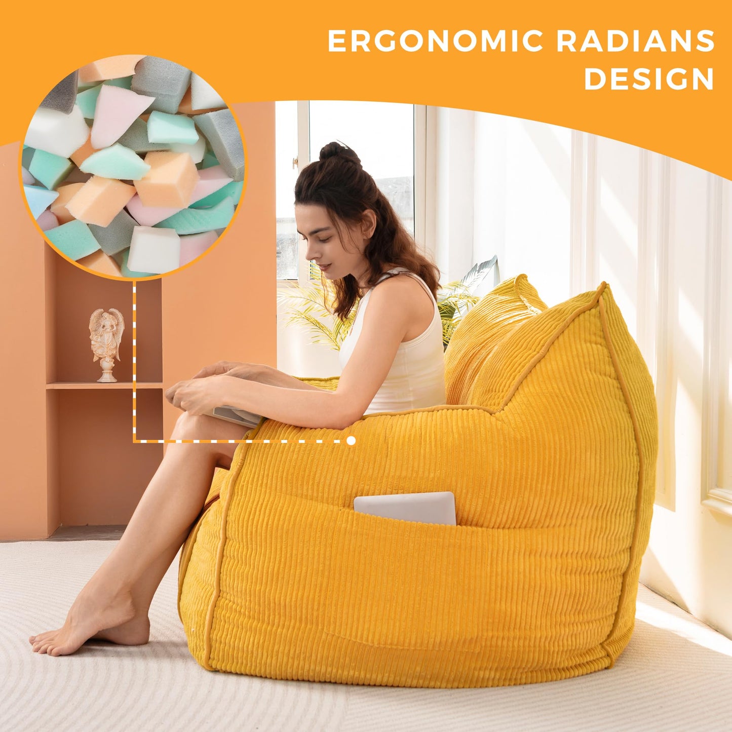 MAXYOYO Giant Bean Bag Sofa for Adults, Corduroy High-Density Foam Filled Bean Bag Chair, Large Lazy Puff Chair for Living Room, Bedroom (Orange)
