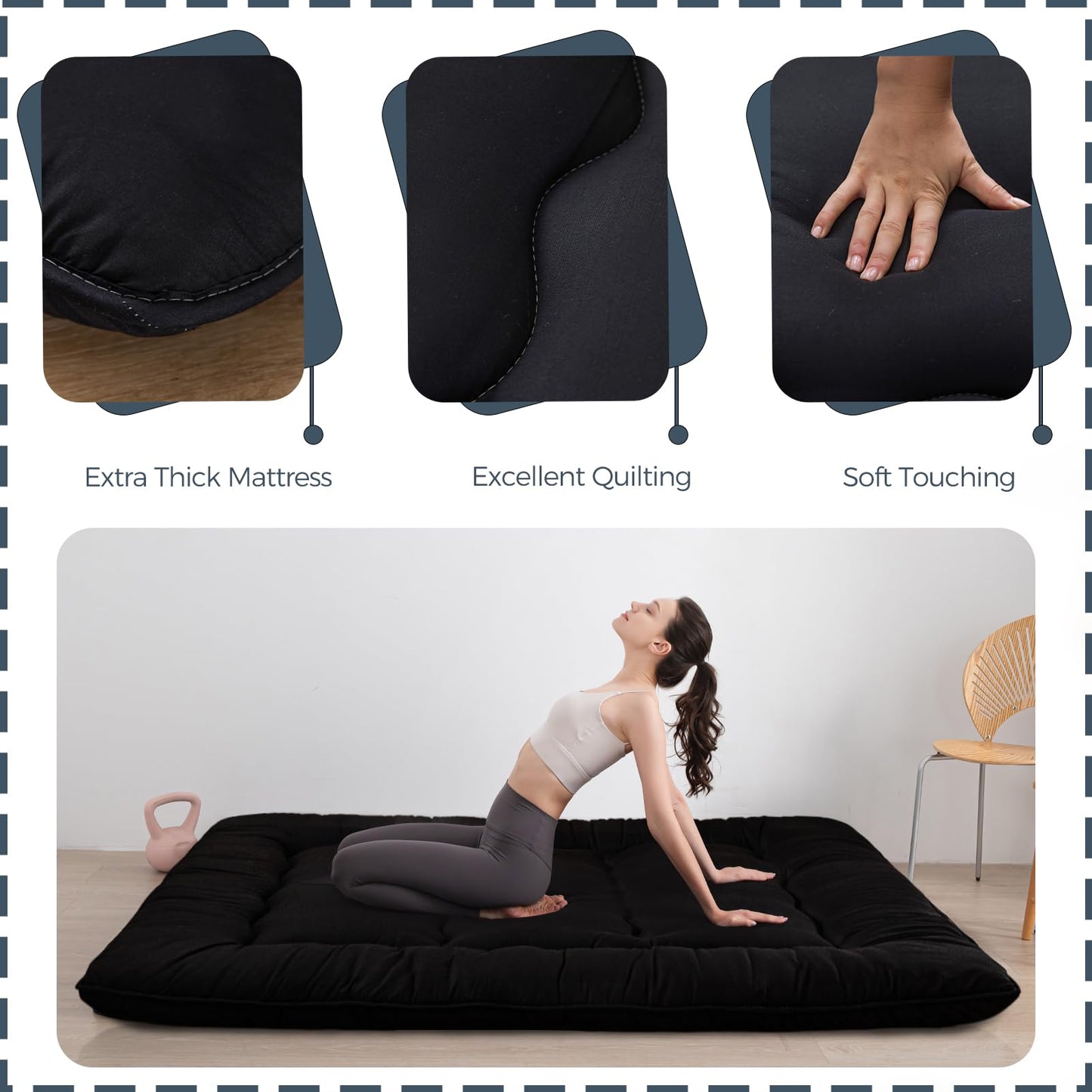 MAXYOYO 15cm Japanese Floor Mattress, Classic Quilted Bed Mattress, Extra Thick Sleeping Pad Breathable Floor Lounger Guest Bed Car Bed (Black)
