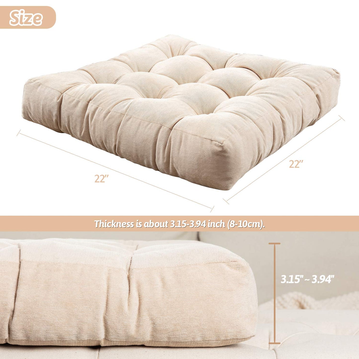 MAXYOYO Square Solid Floor Cushion, 22x22 Inch Large Floor Cushions Thicken Floor Pillow Corduroy Tatami Cushion, Beige