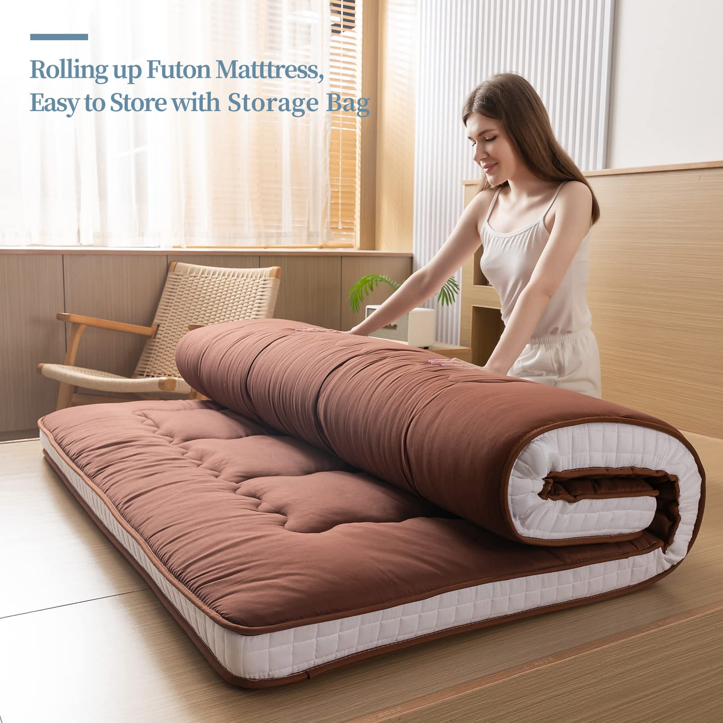 MAXYOYO Futon Mattress, Padded Japanese Floor Mattress Extra Thick Folding Sleeping Pad, Brown