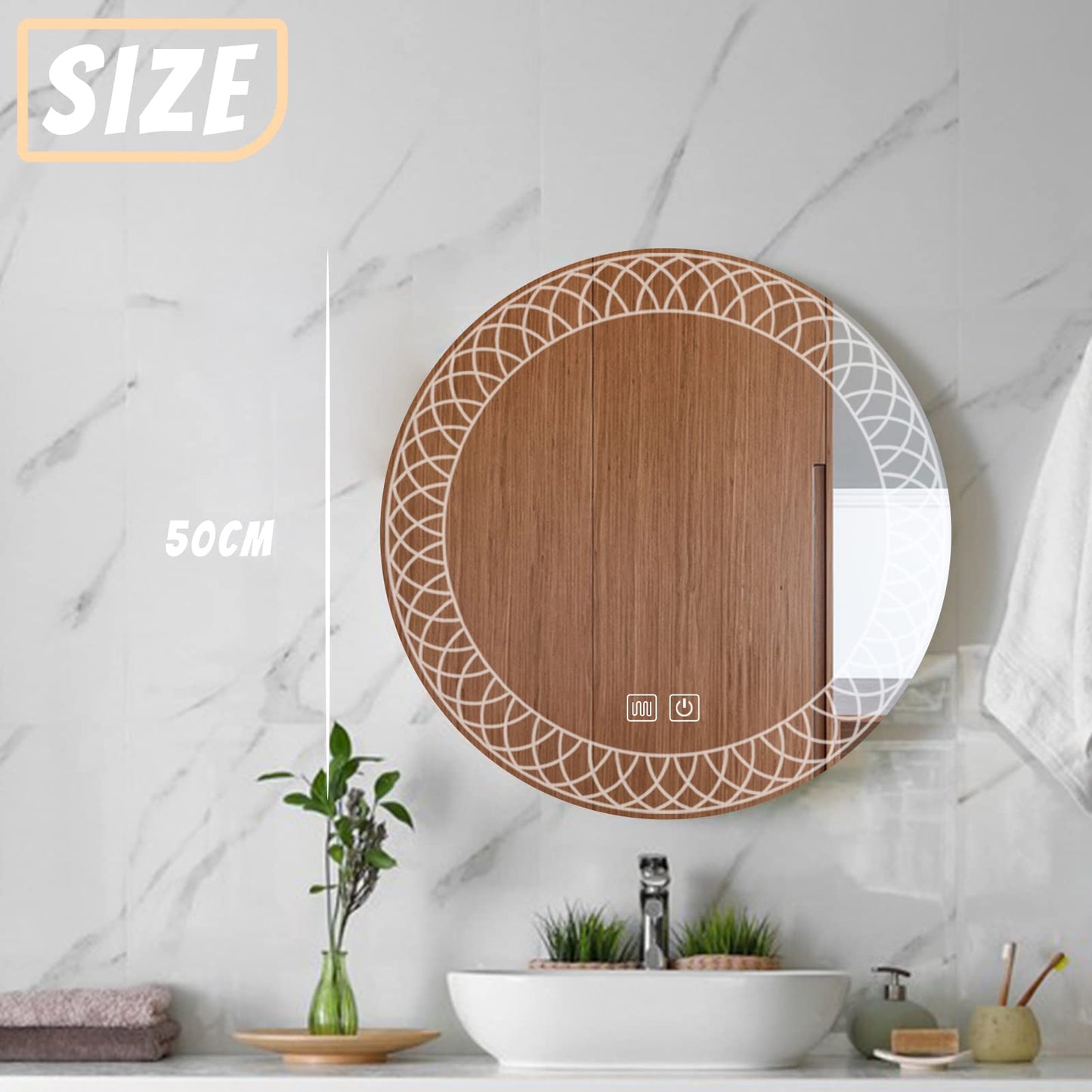 MAXYOYO Patterned Round Bathroom Mirror Wall Mounted Mirror with 3-Color Dimmable LED Light, IP44 (Kaleidoscope)