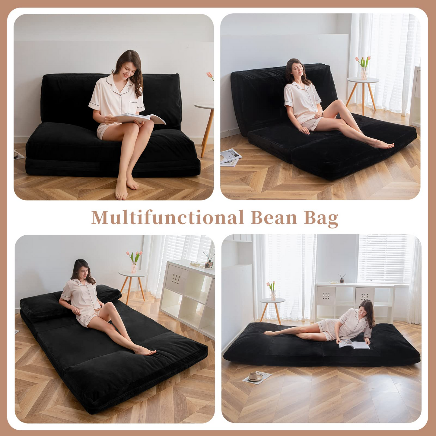 MAXYOYO Bean Bag Bed Folding Sofa Bed Floor Mattress for Adults, 75x240cm, Black