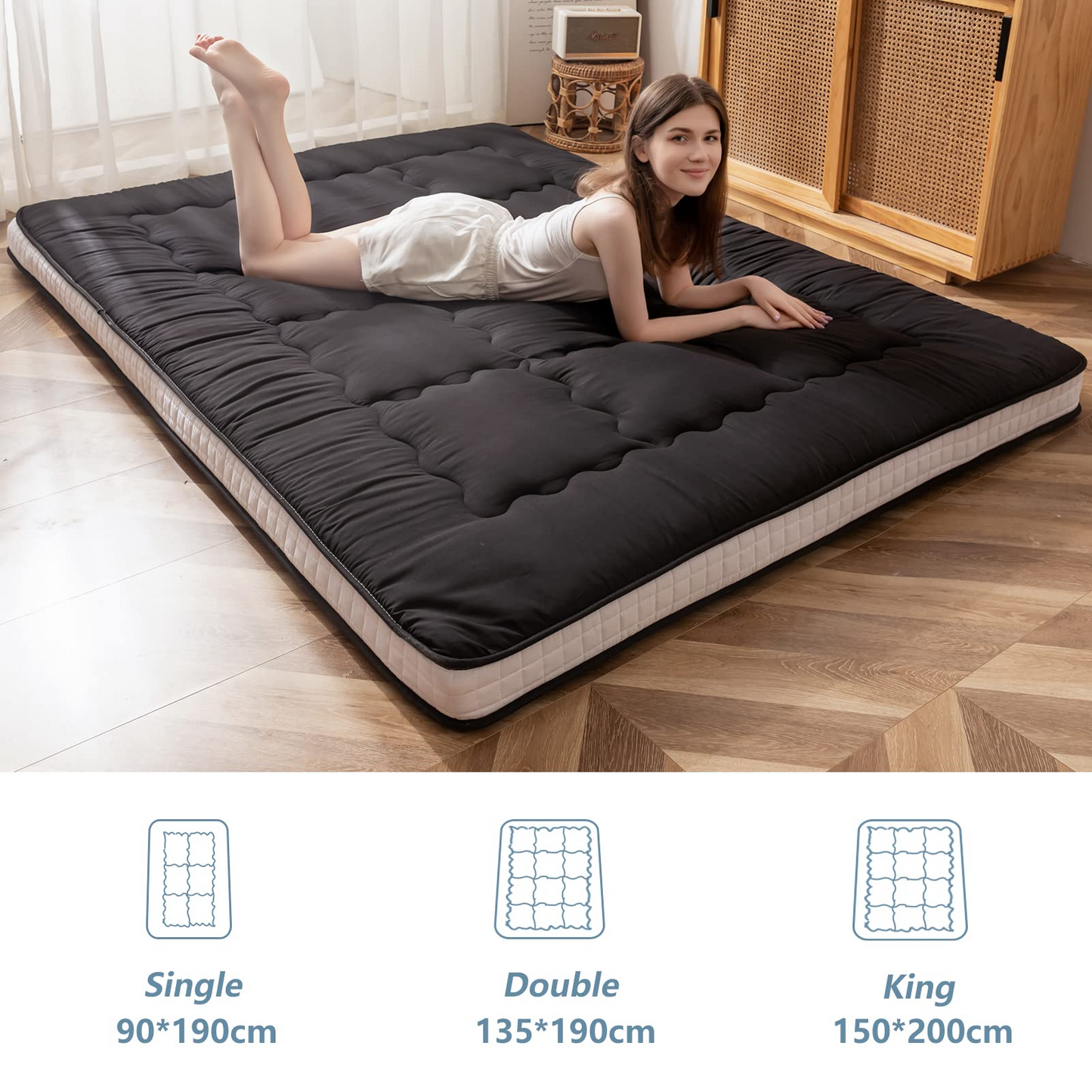 MAXYOYO Futon Mattress, Padded Japanese Floor Mattress Quilted Bed Mattress Topper, Black