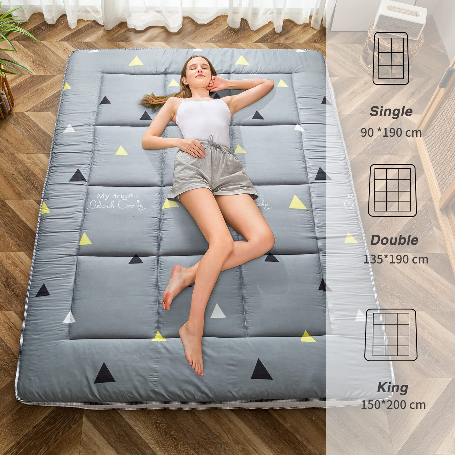 MAXYOYO Extra Thick Padded Japanese Floor Mattress, Roll Up Futon Mattress, Grey Triangle Printed
