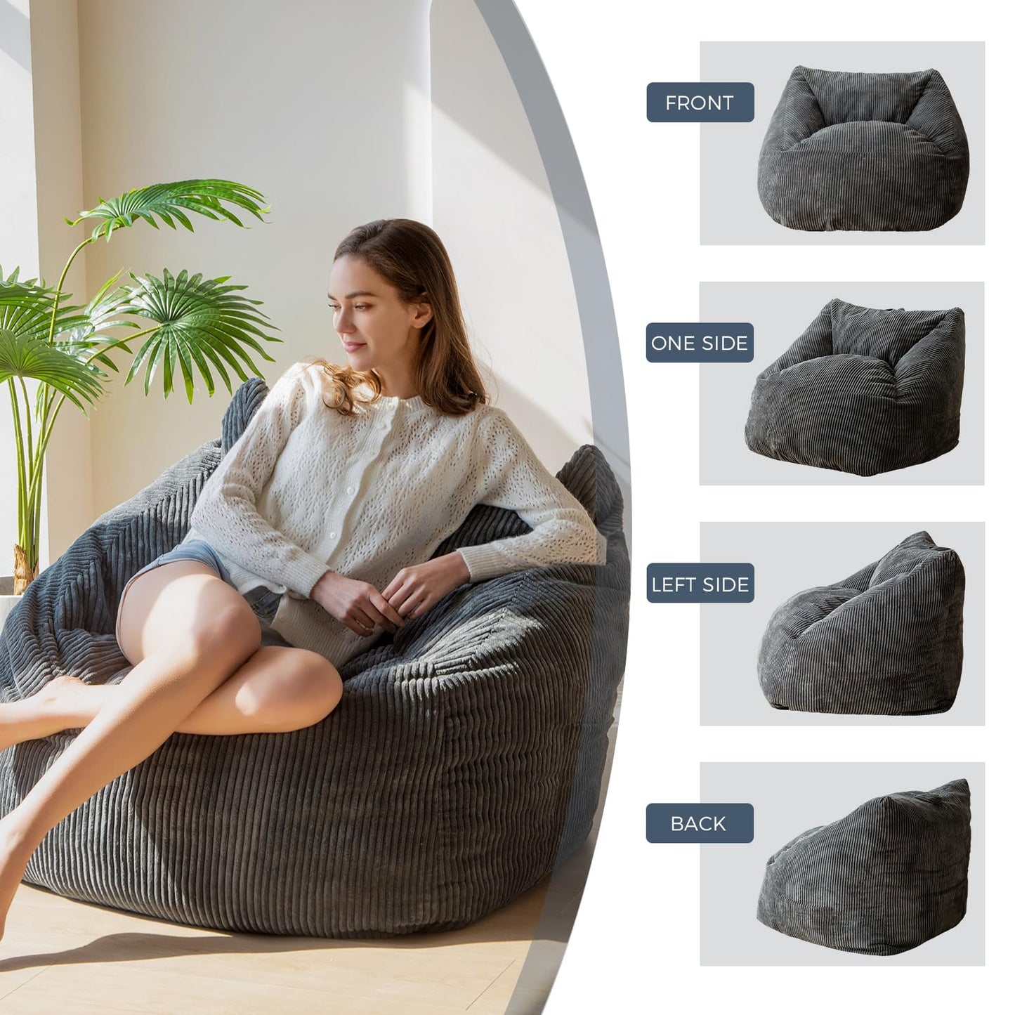 MAXYOYO Cord Bean Bag Chair for Adult, Living Room Furniture Large Corduroy Lazy Puff Chairs (Charcoal Grey)