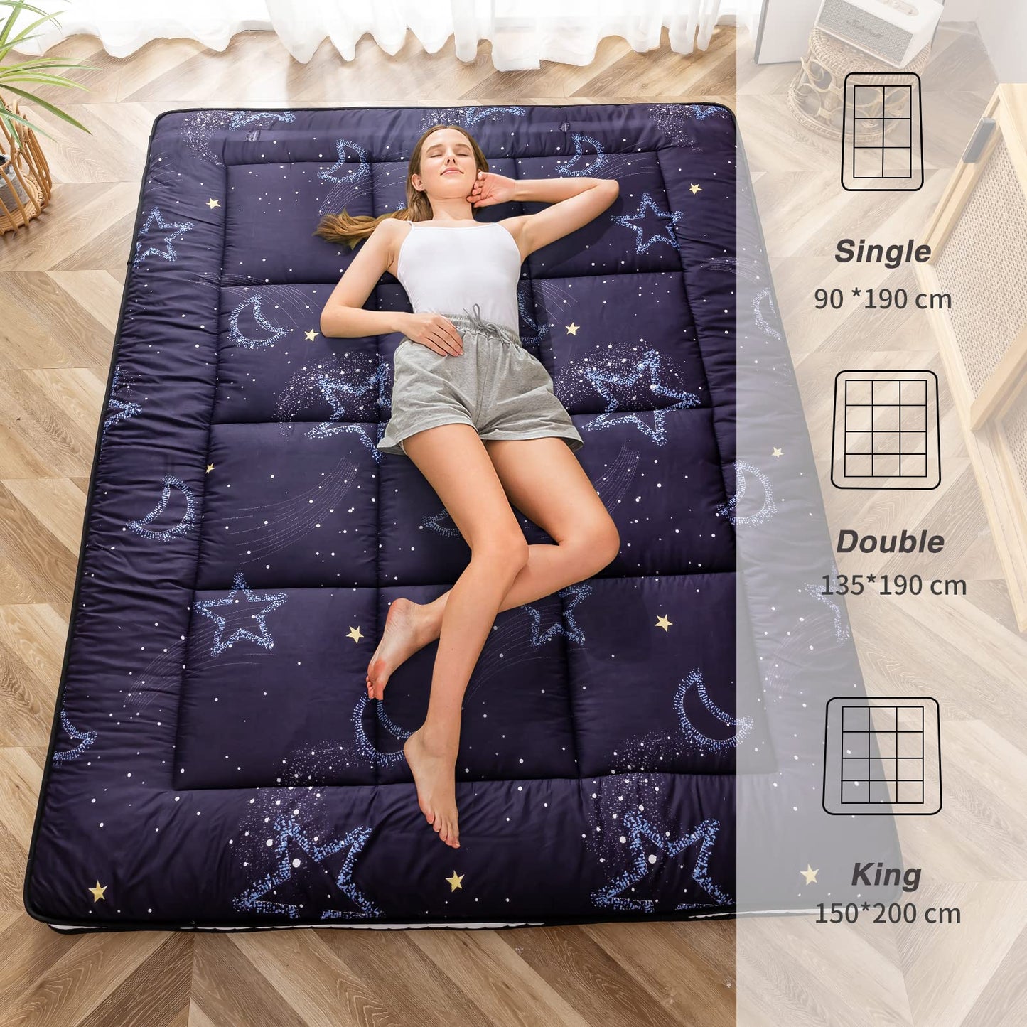 MAXYOYO Extra Thick Padded Japanese Floor Mattress, Roll Up Futon Mattress, Moon and Star Printed
