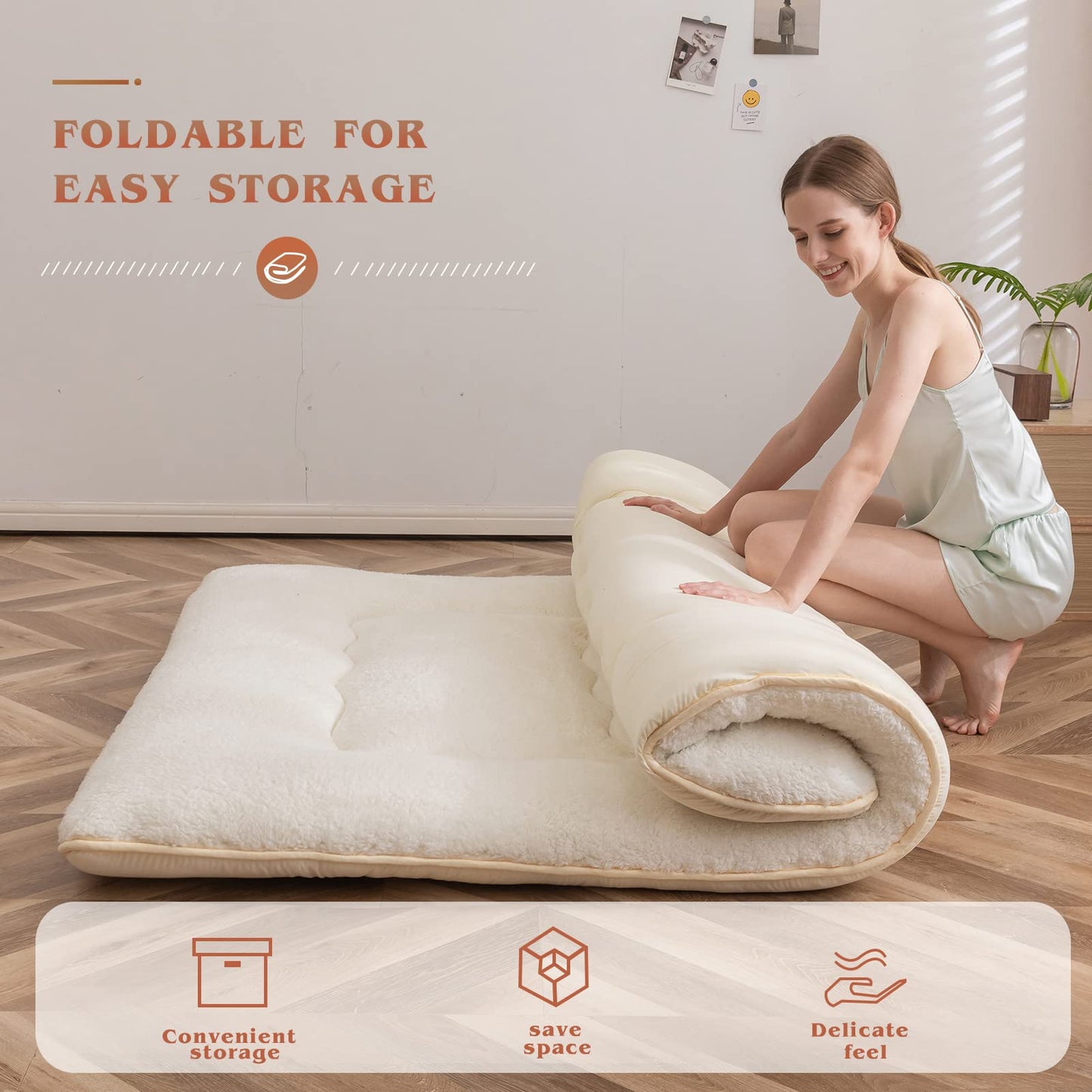 MAXYOYO Sherpa Fleece Floor Mattress Futon Mattress, Off White Japanese Style Roll Up Mattress