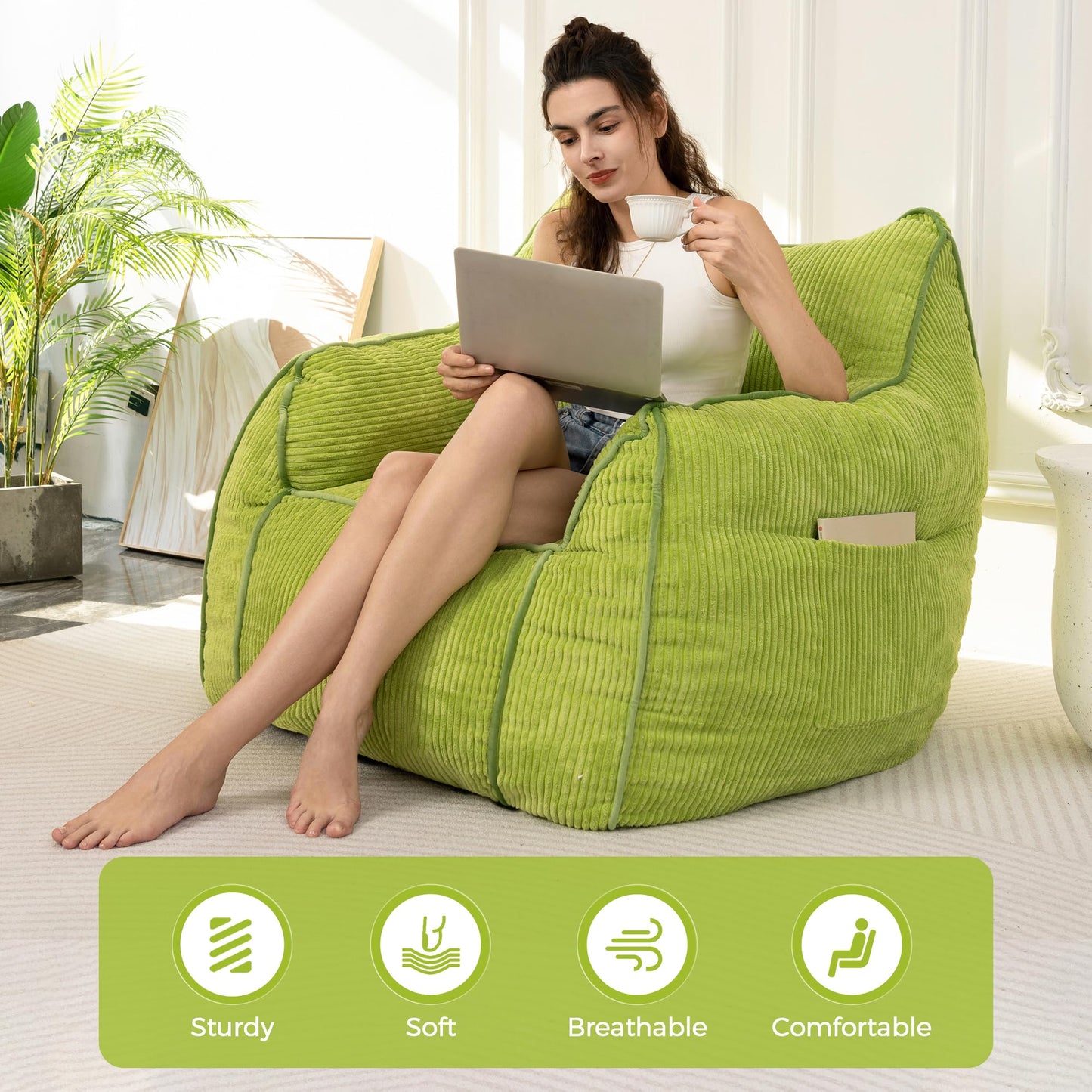 MAXYOYO Giant Bean Bag Sofa for Adults, Corduroy High-Density Foam Filled Bean Bag Chair, Large Lazy Puff Chair for Living Room, Bedroom (Green)