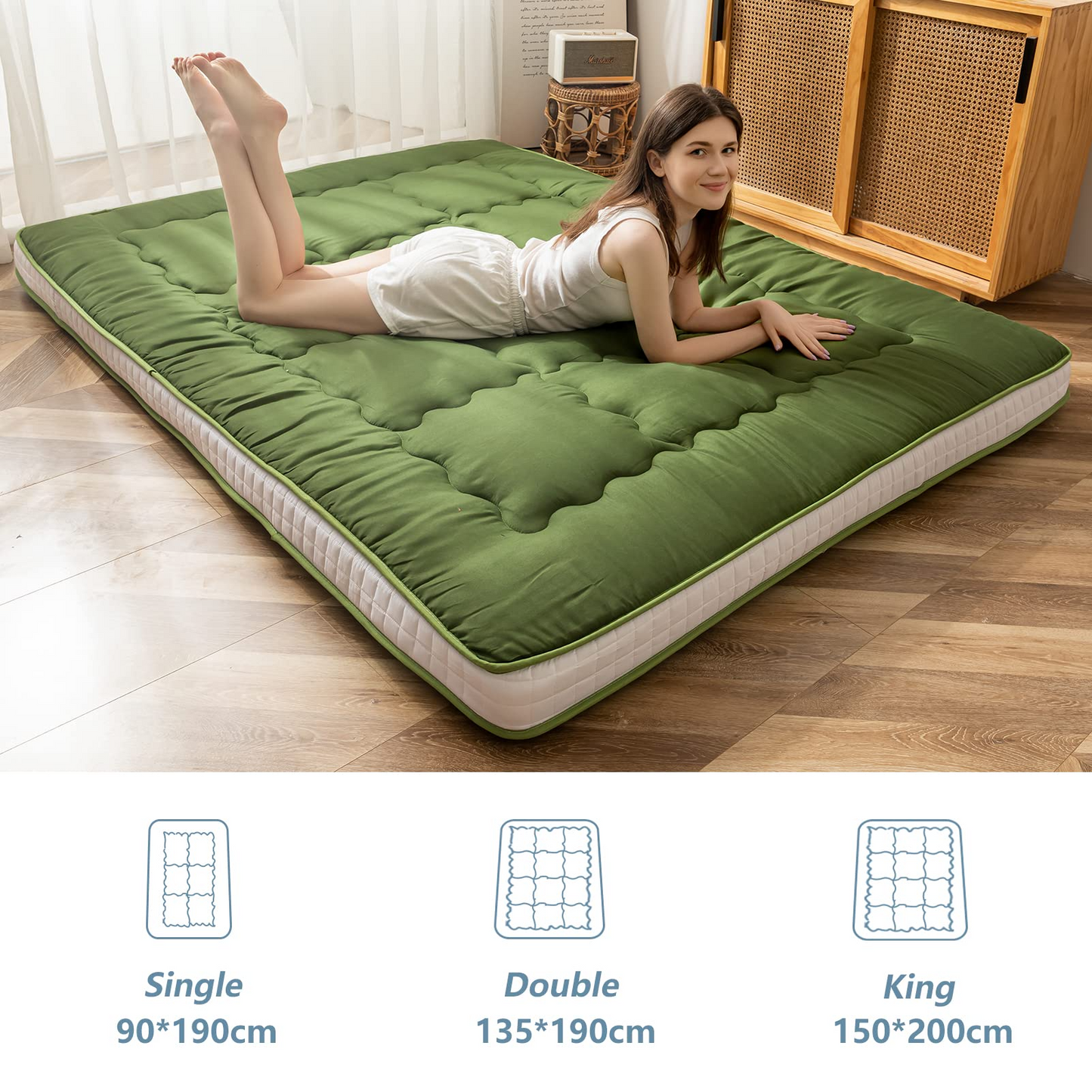 MAXYOYO Futon Mattress, Padded Japanese Floor Mattress Extra Thick Folding Sleeping Pad, Green