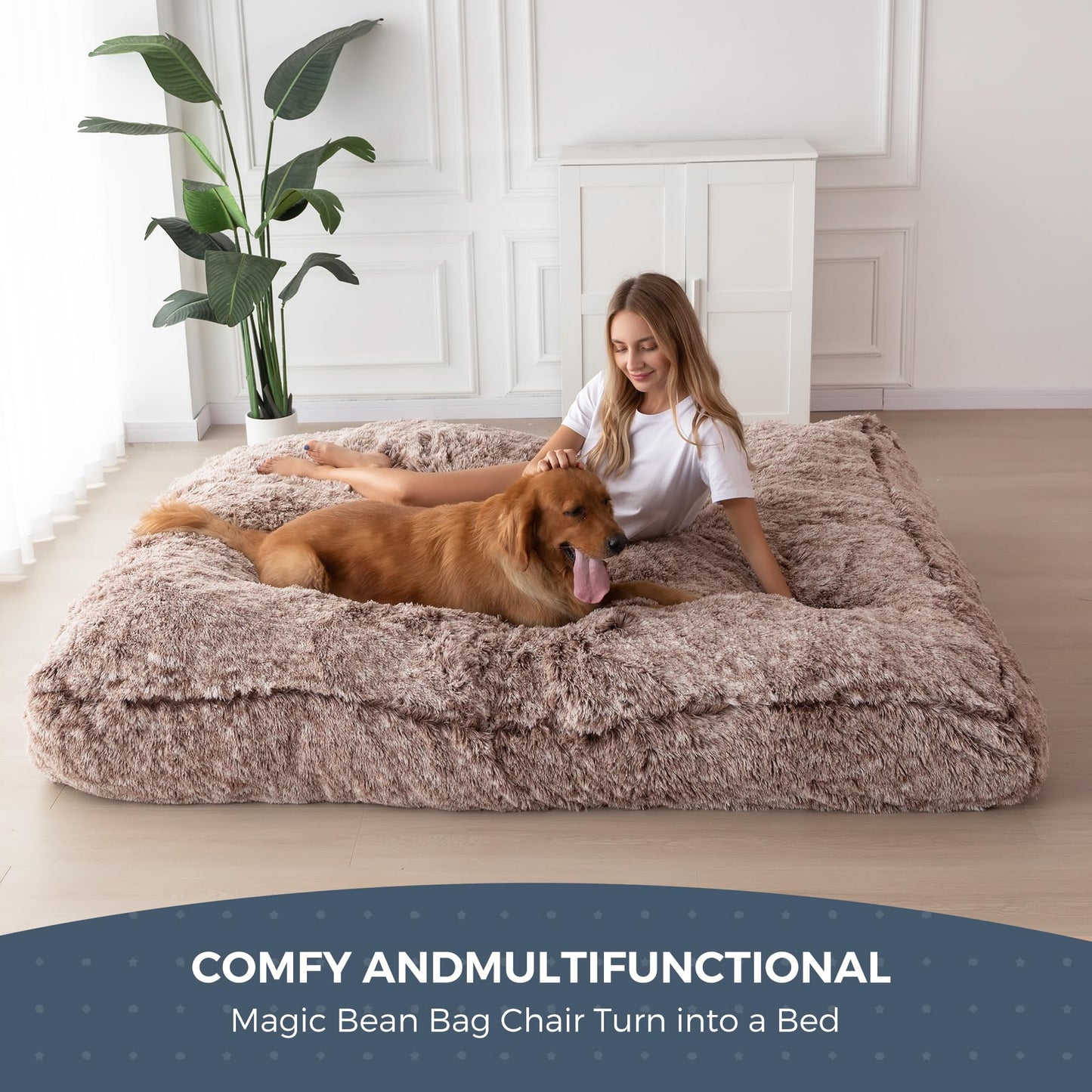 MAXYOYO Giant Bean Bag Bed - Convertible Folds from Bean Bag Chair to Bed - Large Sofa with Plush Cover (Brown)