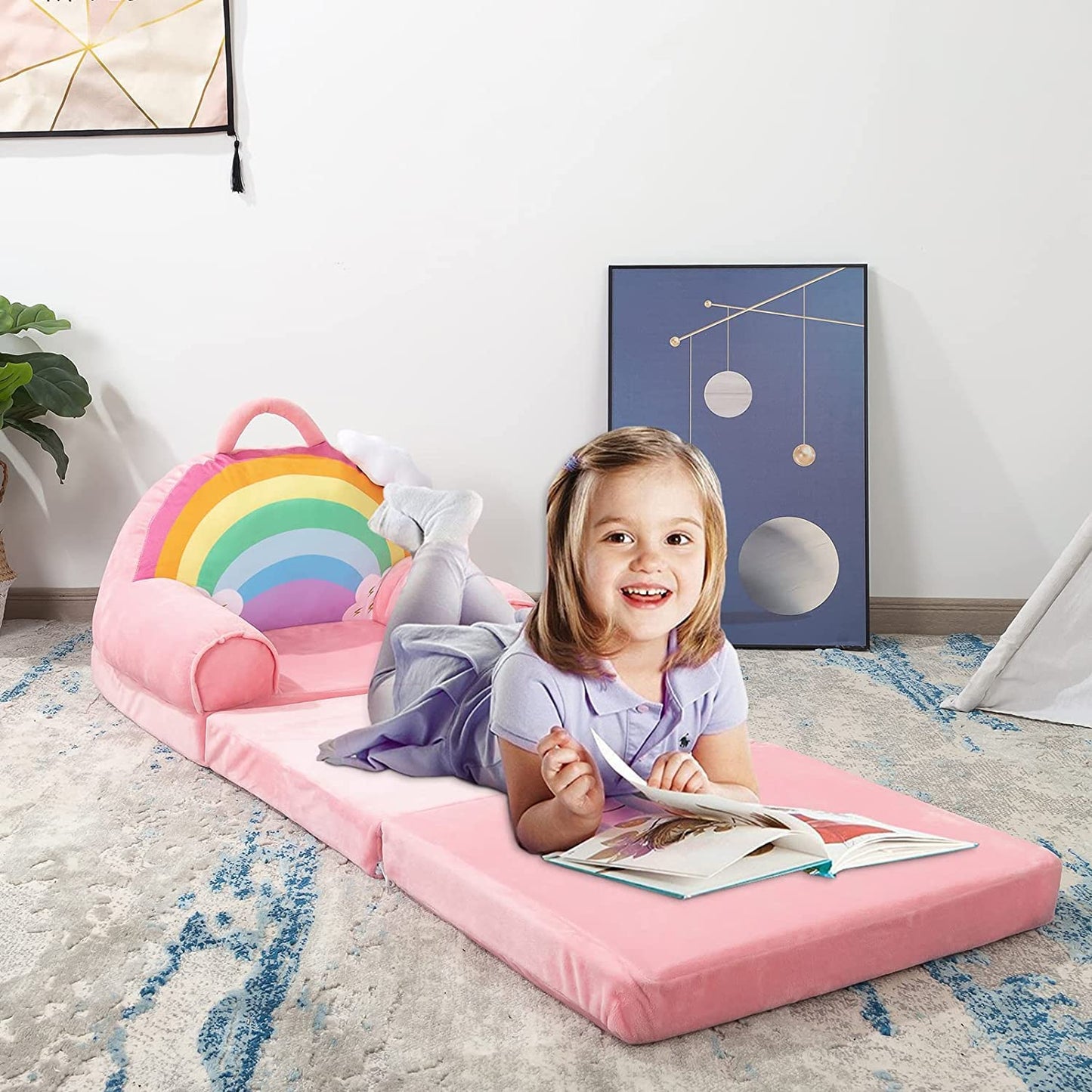 MAXYOYO Kids Fold Out Chair - Cute Folding Sofa Bed Couch Armchair for Playroom Bedroom (Rainbow)