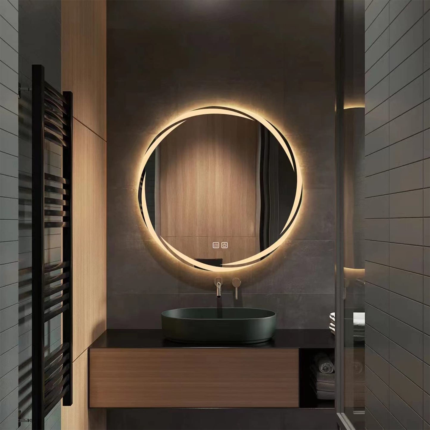 MAXYOYO Patterned Round Bathroom Mirror Wall Mounted Mirror with 3-Color Dimmable LED Light, IP44 (Whirlwind)