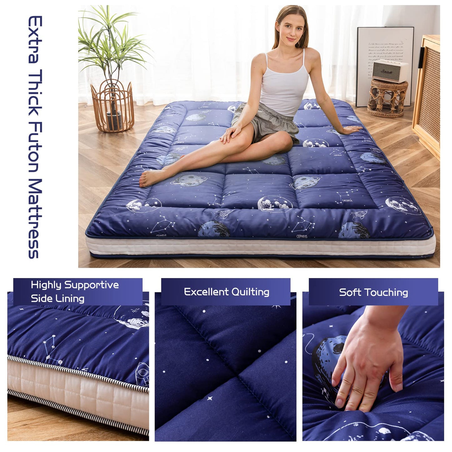 MAXYOYO Extra Thick Padded Japanese Floor Mattress, Roll Up Futon Mattress, Space Adventure Printed