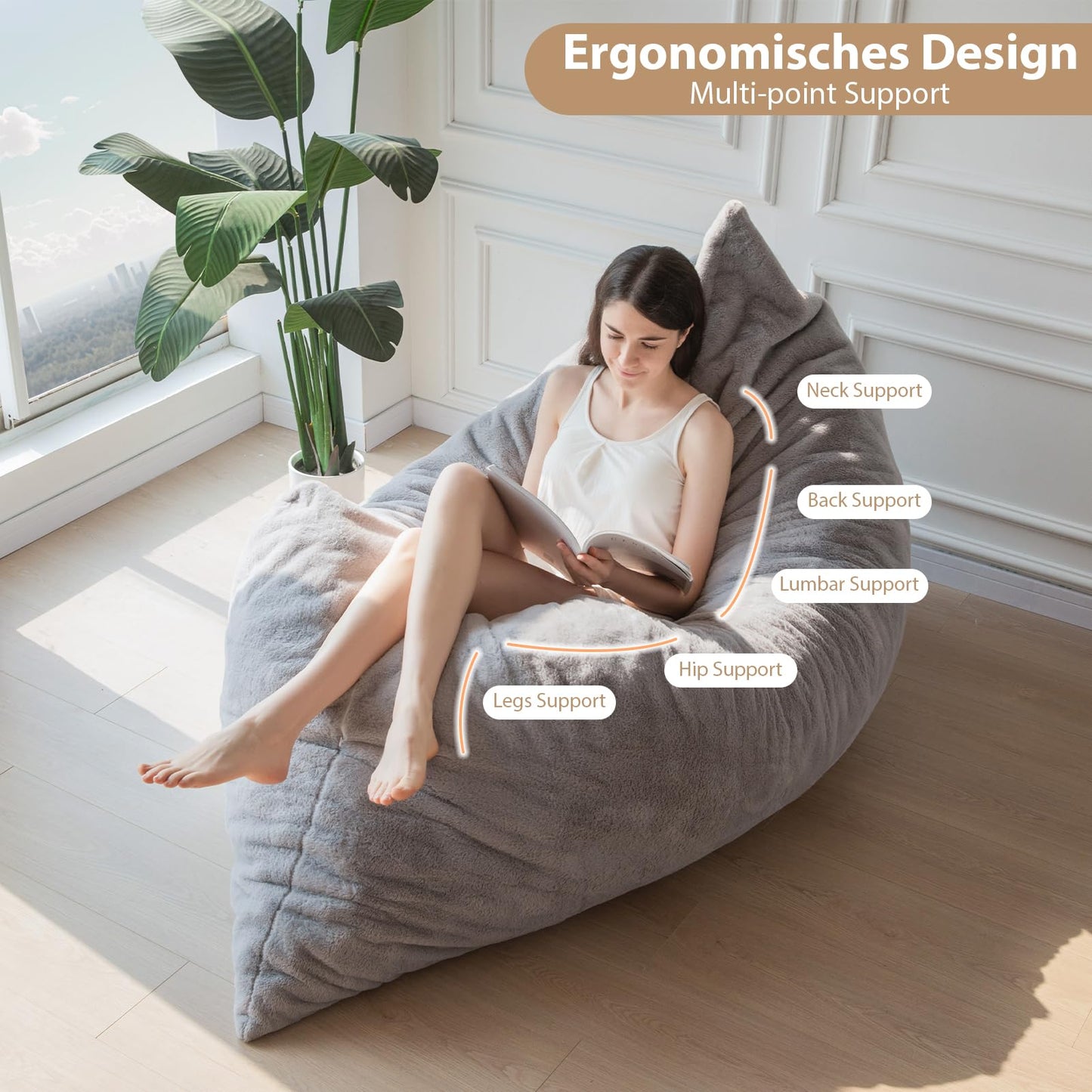 MAXYOYO Giant Bean Bag Bed - Square Bean Bag Chair with Plush Cover and Fluffy Filling Included for Adult (Gray)
