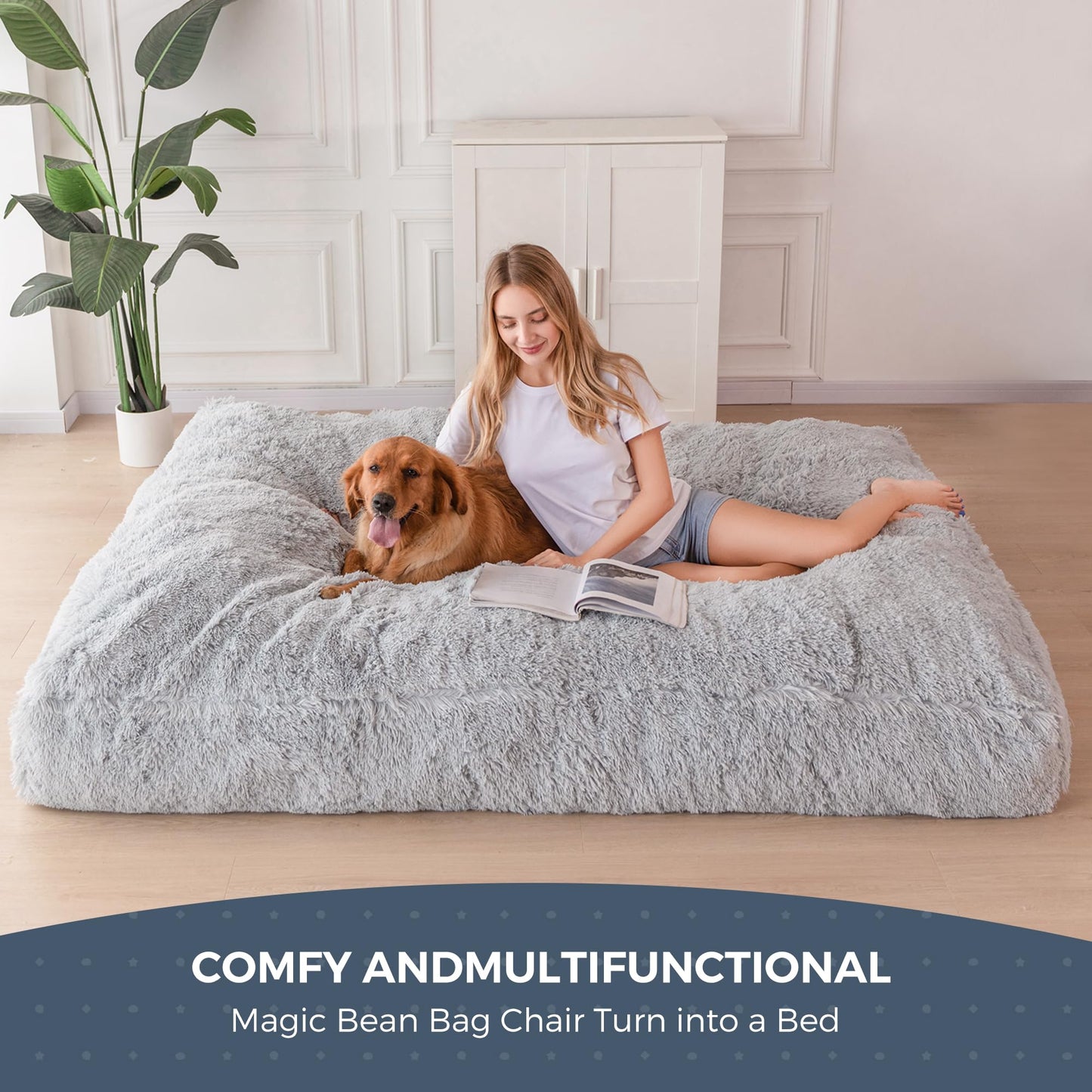 MAXYOYO Giant Bean Bag Bed - Convertible Folds from Bean Bag Chair to Bed - Large Sofa with Plush Cover (Grey)