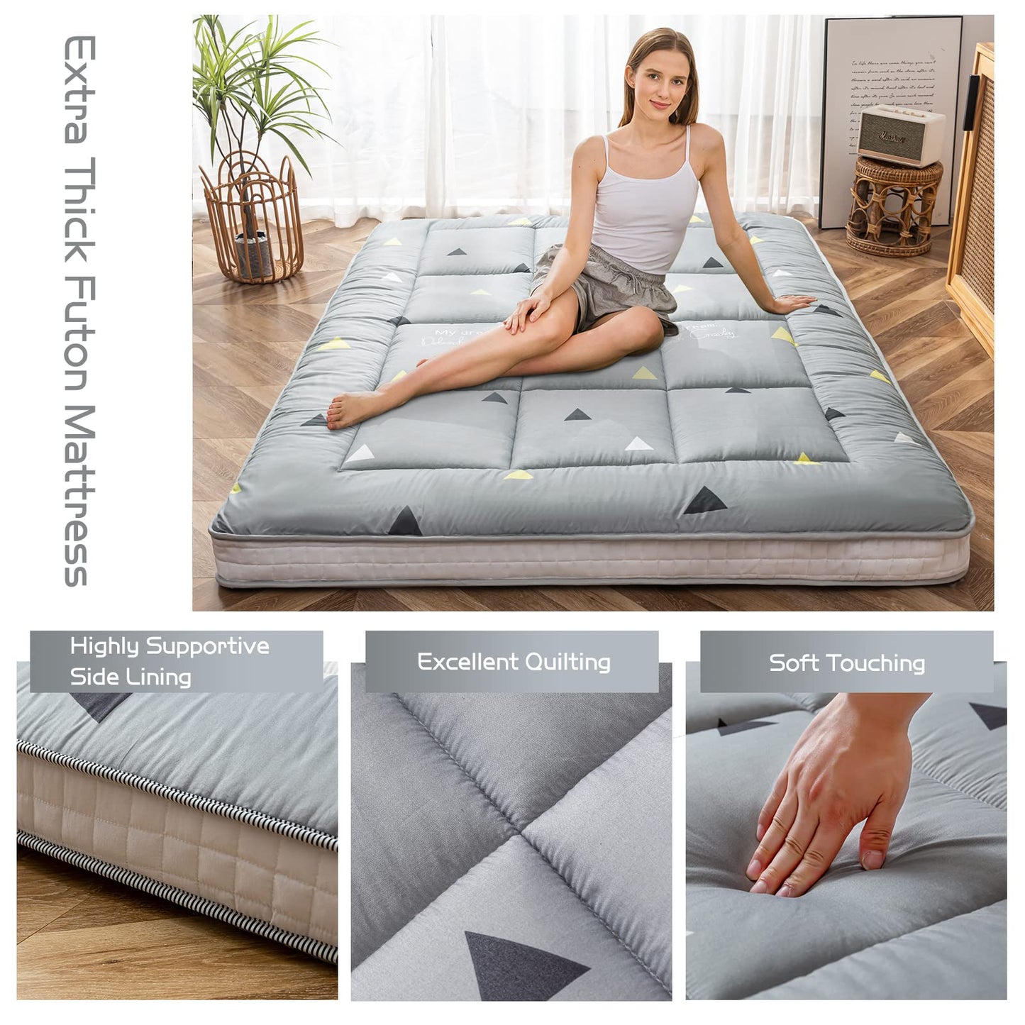 MAXYOYO Extra Thick Padded Japanese Floor Mattress, Roll Up Futon Mattress, Grey Triangle Printed