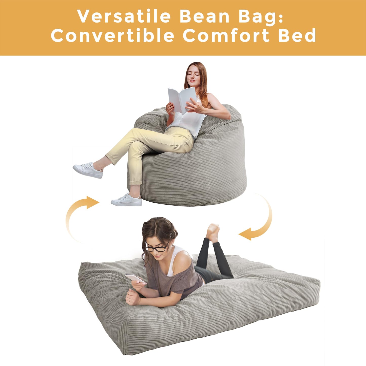 MAXYOYO Bean Bag Bed - Convertible Folds from Bed To Bean Bag Chair - Large Bean Bag with Soft Cover (Gray)