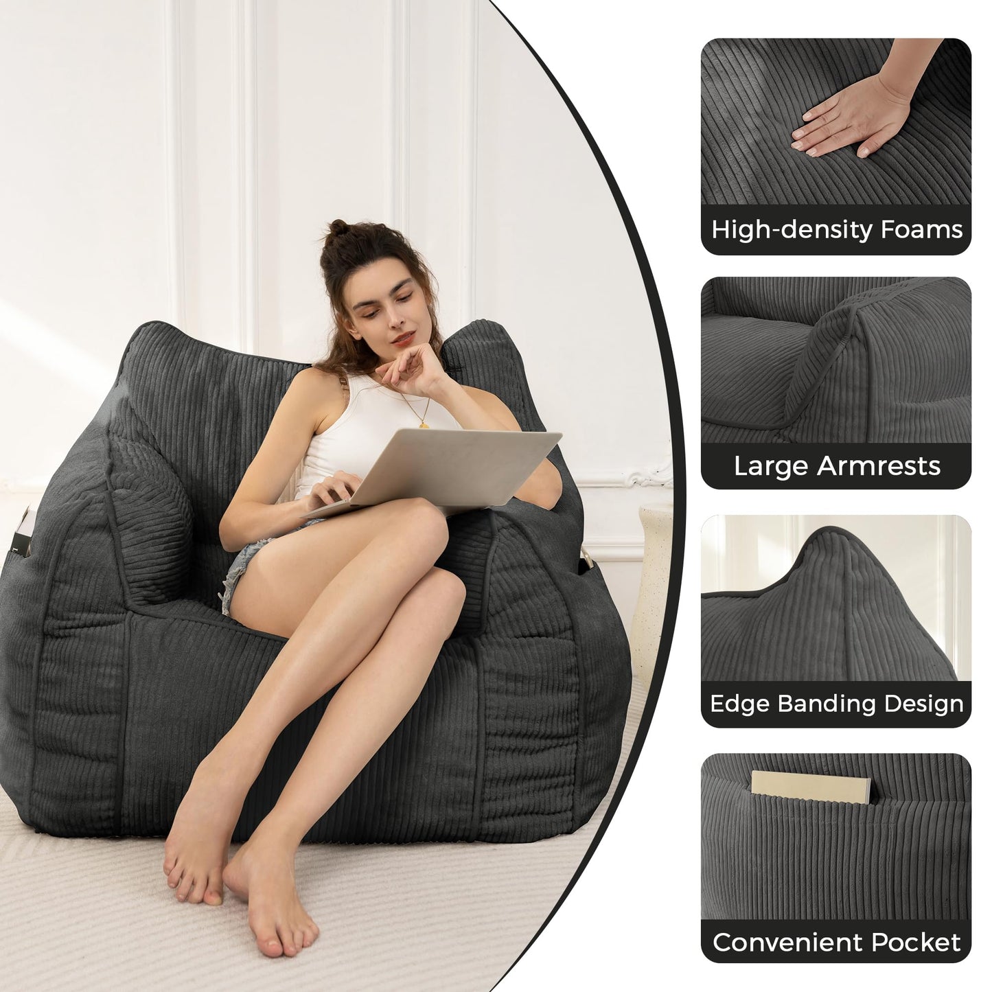 MAXYOYO Giant Bean Bag Sofa for Adults, Corduroy High-Density Foam Filled Bean Bag Chair, Large Lazy Puff Chair for Living Room, Bedroom (Charcoal Gray)