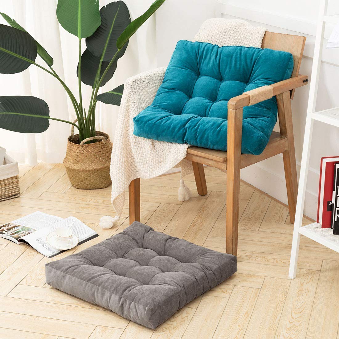 MAXYOYO Square Solid Floor Cushion, 22" Large Floor Cushions Thicken Floor Pillow Corduroy Tatami Cushion, Grey