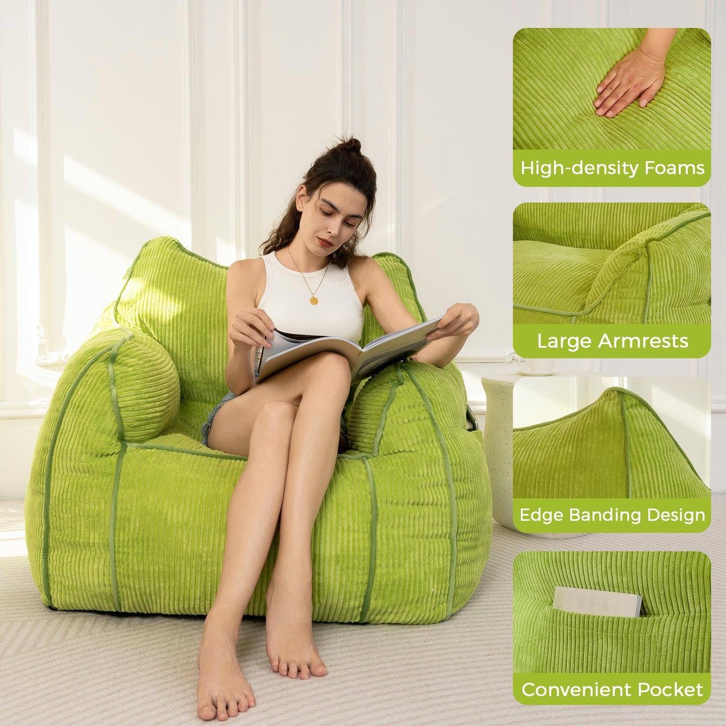 MAXYOYO Giant Bean Bag Sofa for Adults, Corduroy High-Density Foam Filled Bean Bag Chair, Large Lazy Puff Chair for Living Room, Bedroom (Green)