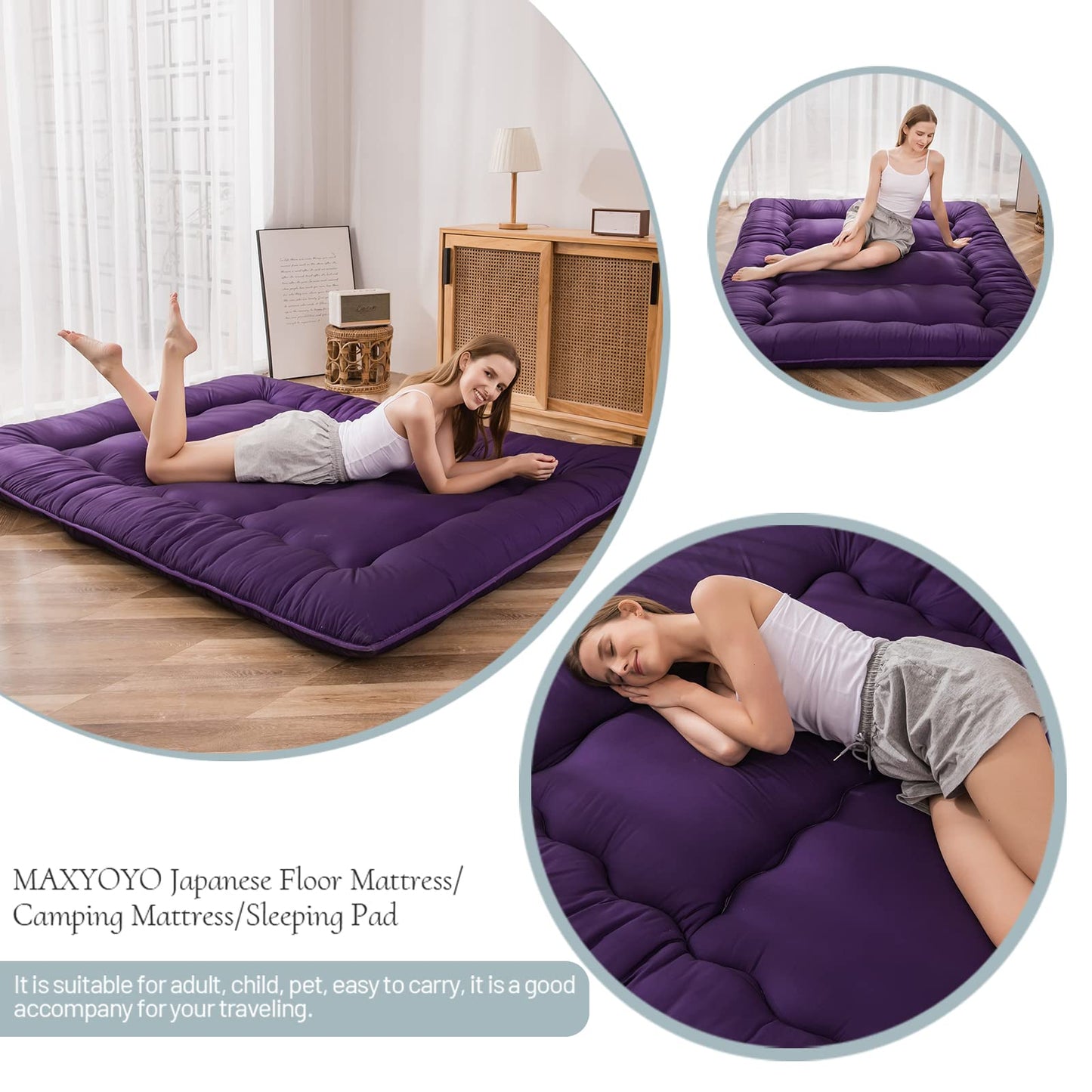 MAXYOYO Japanese Floor Mattress Futon Mattress Quilted Bed Mattress Topper, Purple