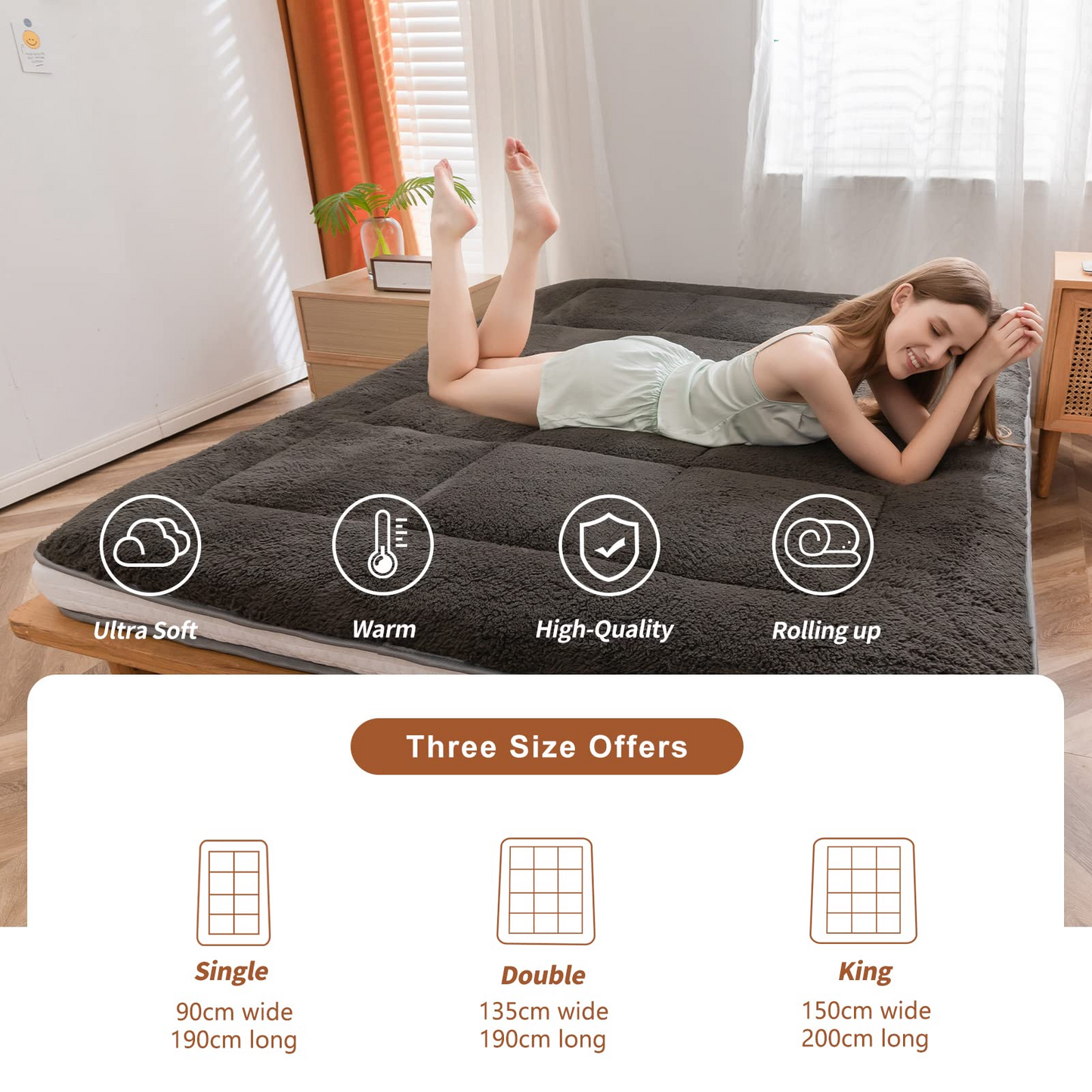 MAXYOYO Padded Sherpa Fleece Futon Mattress, Single Size Japanese Style Floor Mattress Roll Up Mattress, Dark Gray
