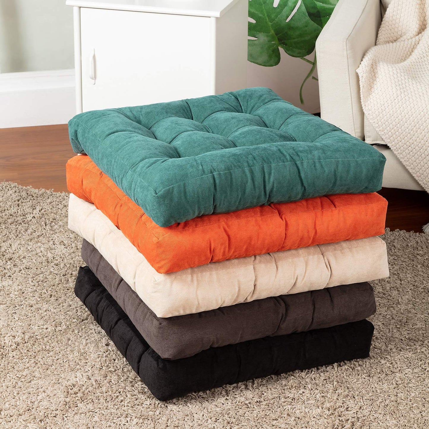 MAXYOYO Square Solid Floor Cushion, 22x22 Inch Large Floor Cushions Thicken Floor Pillow Corduroy Tatami Cushion, Beige