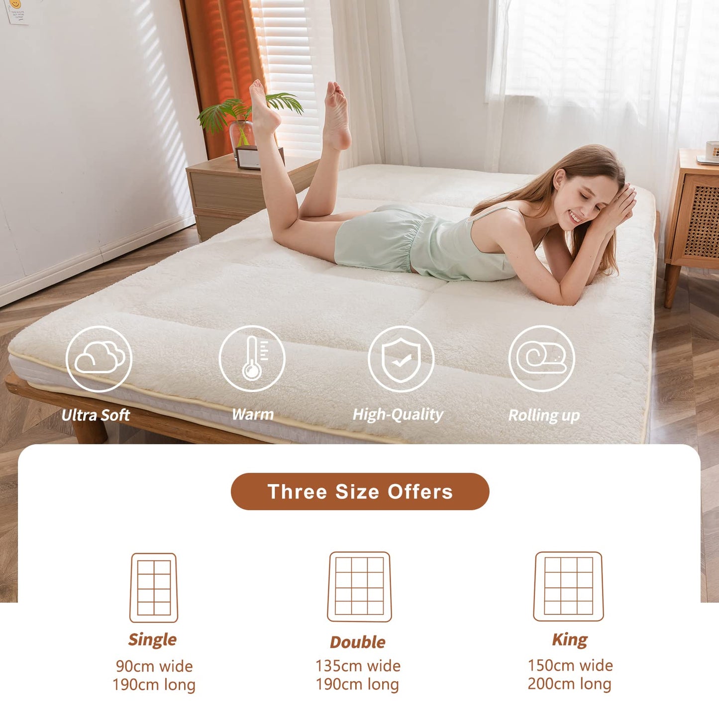 MAXYOYO Padded Sherpa Fleece Futon Mattress Japanese Style Floor Mattress Roll Up Mattress, Off White