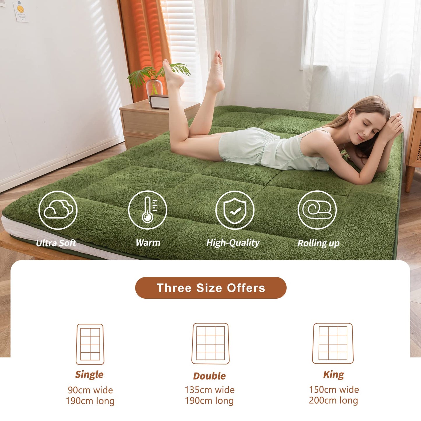 MAXYOYO Padded Sherpa Fleece Futon Mattress Japanese Style Floor Mattress Roll Up Mattress, Green
