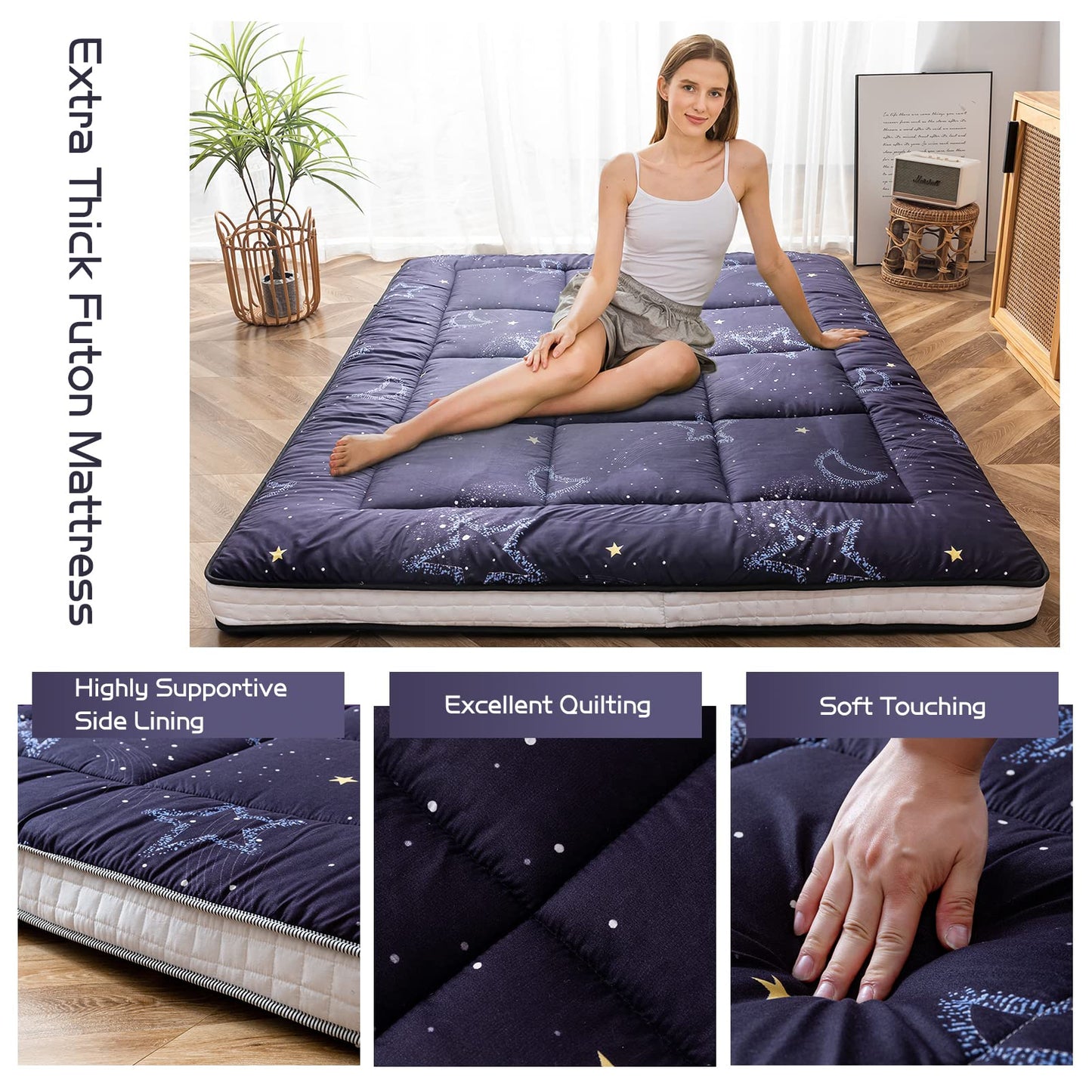 MAXYOYO Extra Thick Padded Japanese Floor Mattress, Roll Up Futon Mattress, Moon and Star Printed