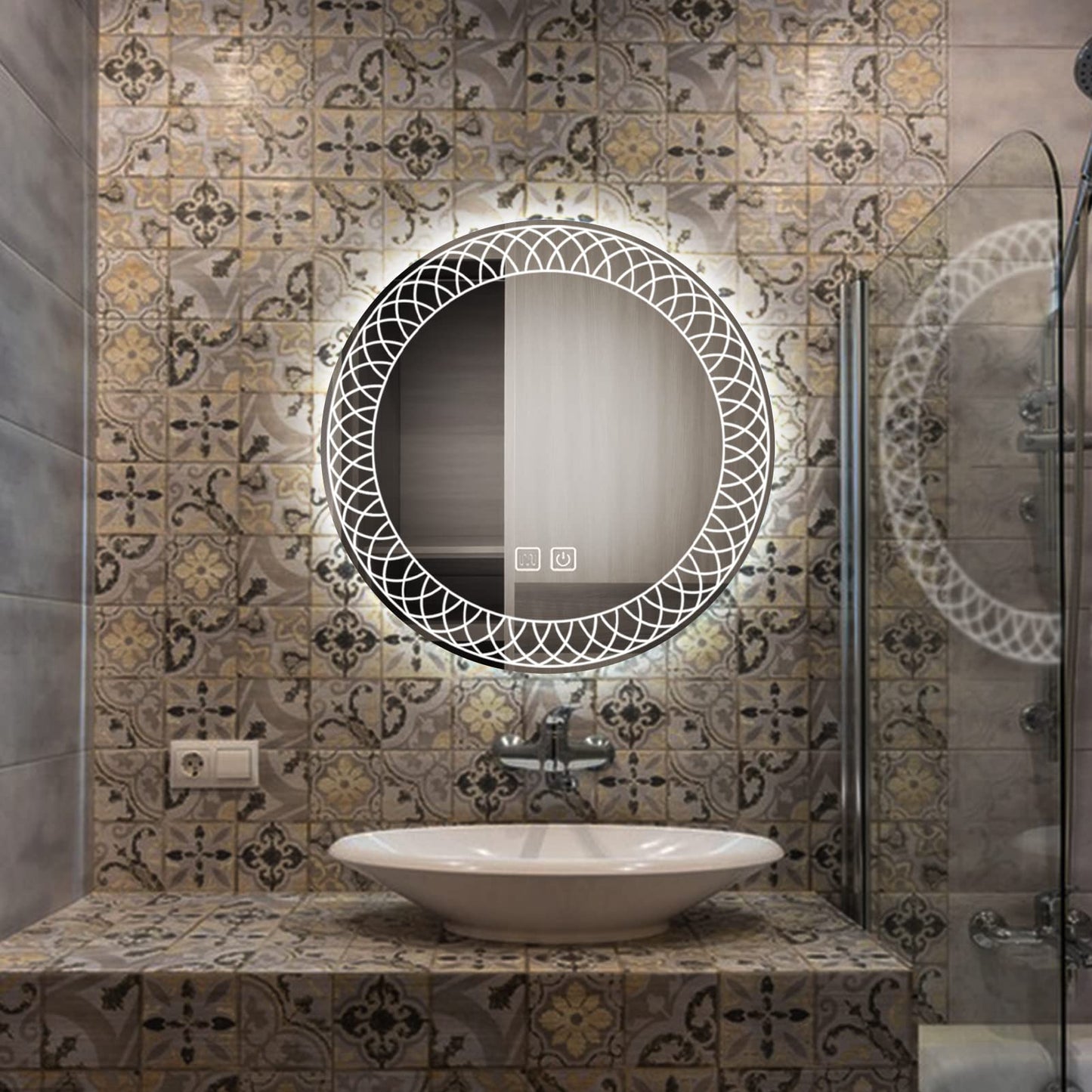 MAXYOYO Patterned Round Bathroom Mirror Wall Mounted Mirror with 3-Color Dimmable LED Light, IP44 (Kaleidoscope)