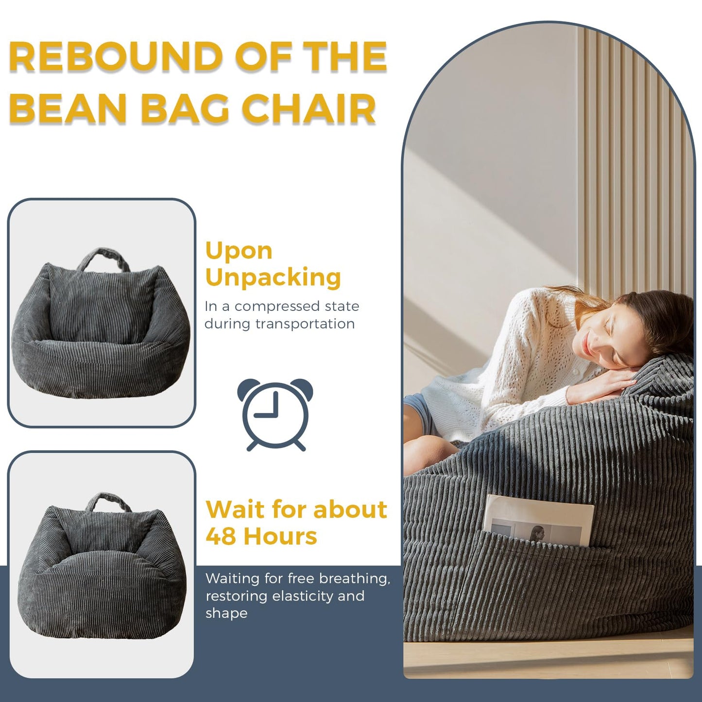 MAXYOYO Cord Bean Bag Chair for Adult, Living Room Furniture Large Corduroy Lazy Puff Chairs (Charcoal Grey)