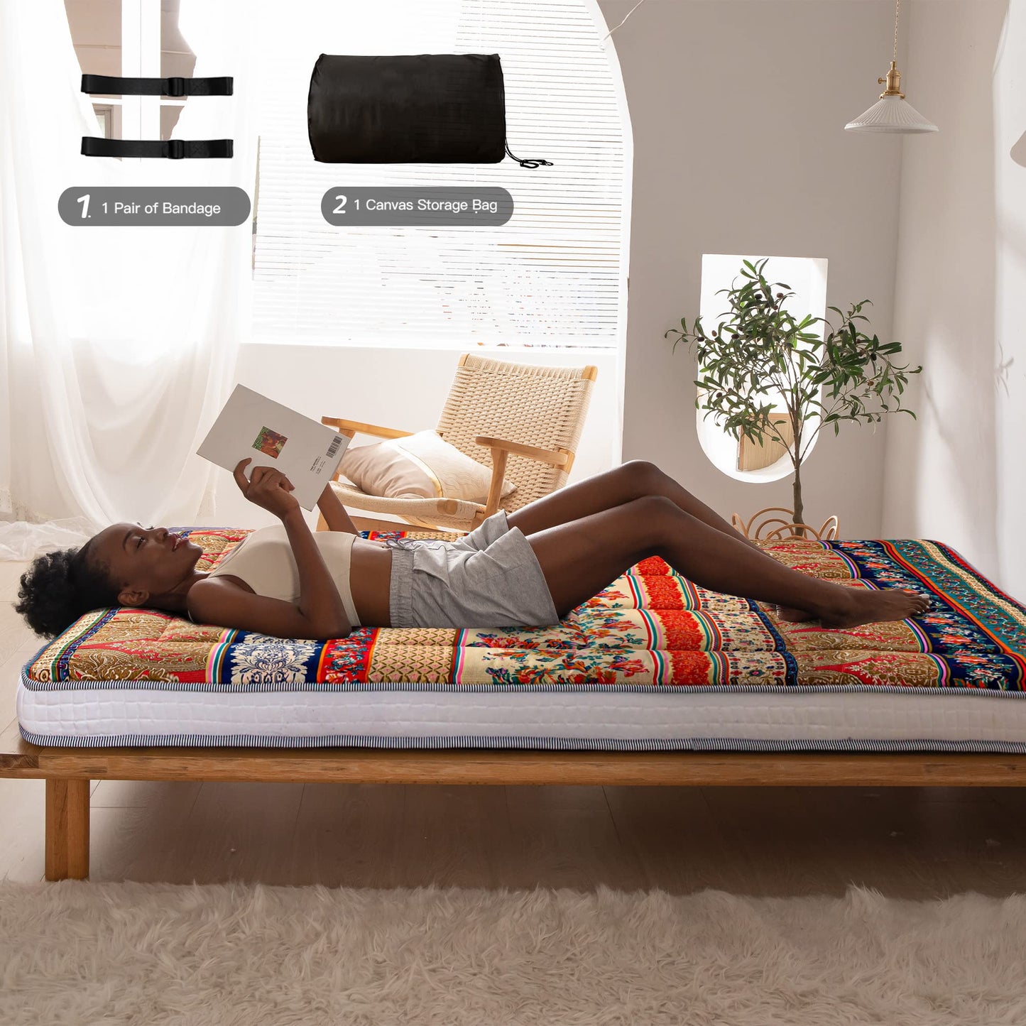 MAXYOYO Bohemian Retro Floor Mattress Vintage Floral Japanese Futon Mattress Thick Roll Up Thicken Sleeping Bed