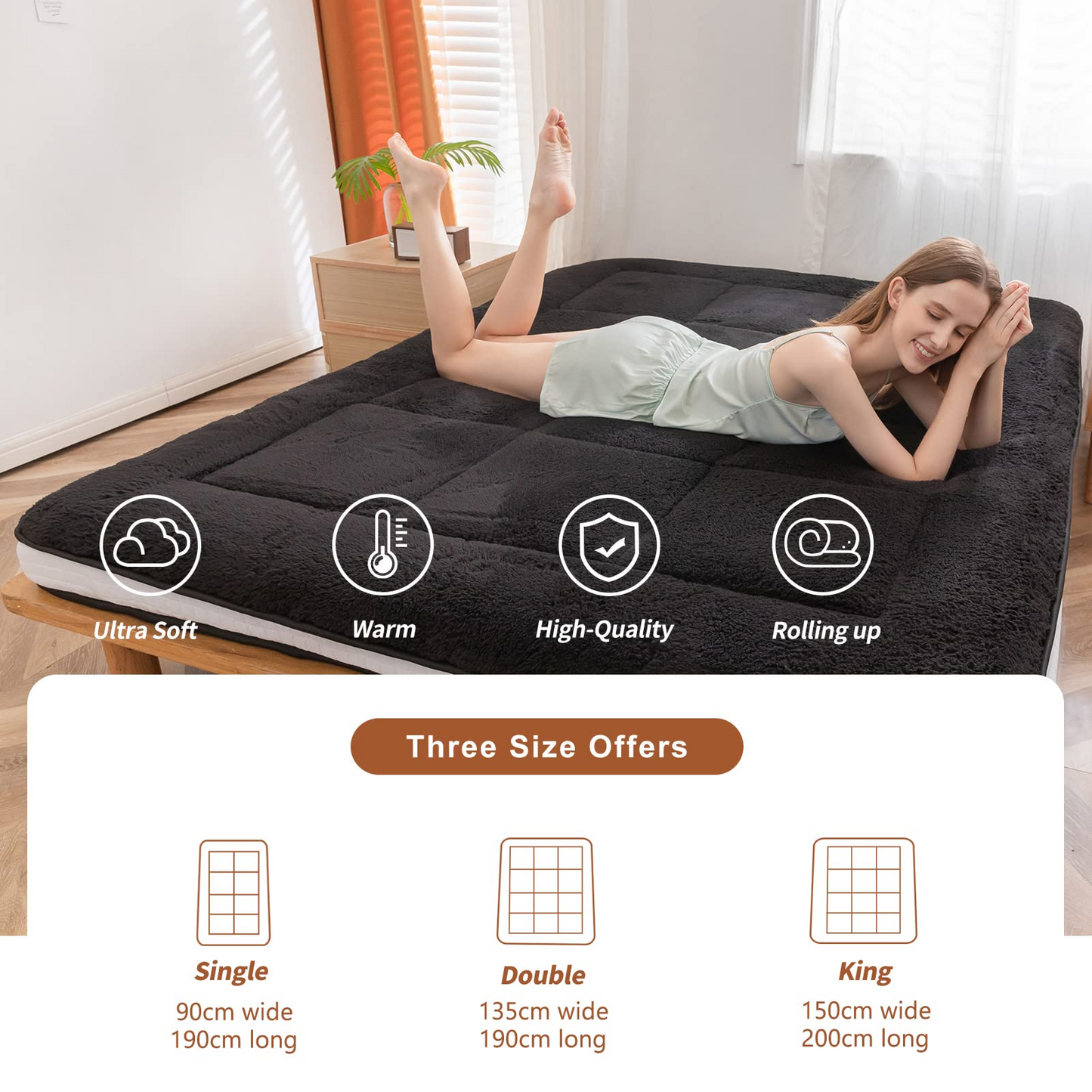 MAXYOYO Padded Sherpa Fleece Futon Mattress, Single Size Japanese Style Floor Mattress Roll Up Mattress, Black