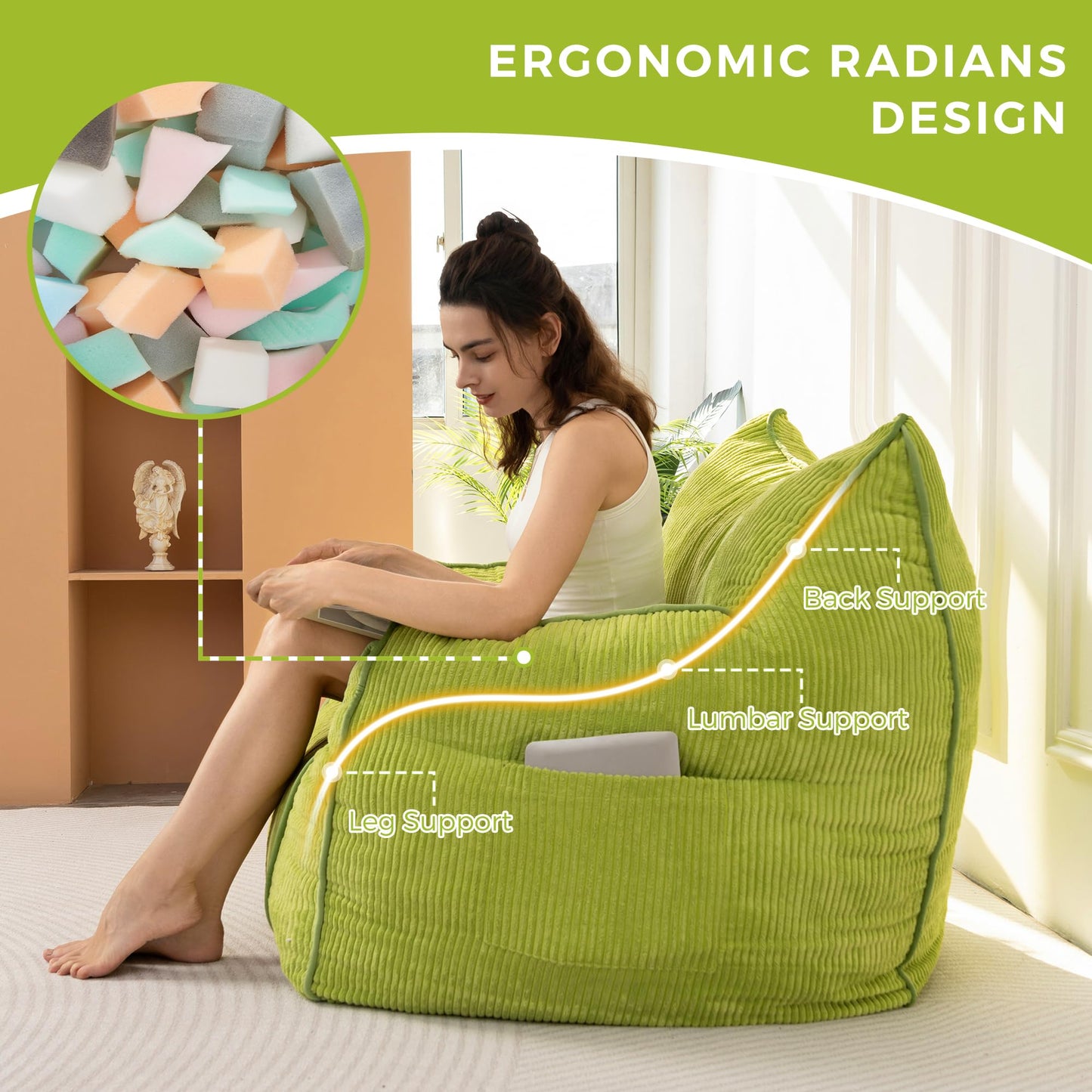 MAXYOYO Giant Bean Bag Sofa for Adults, Corduroy High-Density Foam Filled Bean Bag Chair, Large Lazy Puff Chair for Living Room, Bedroom (Green)