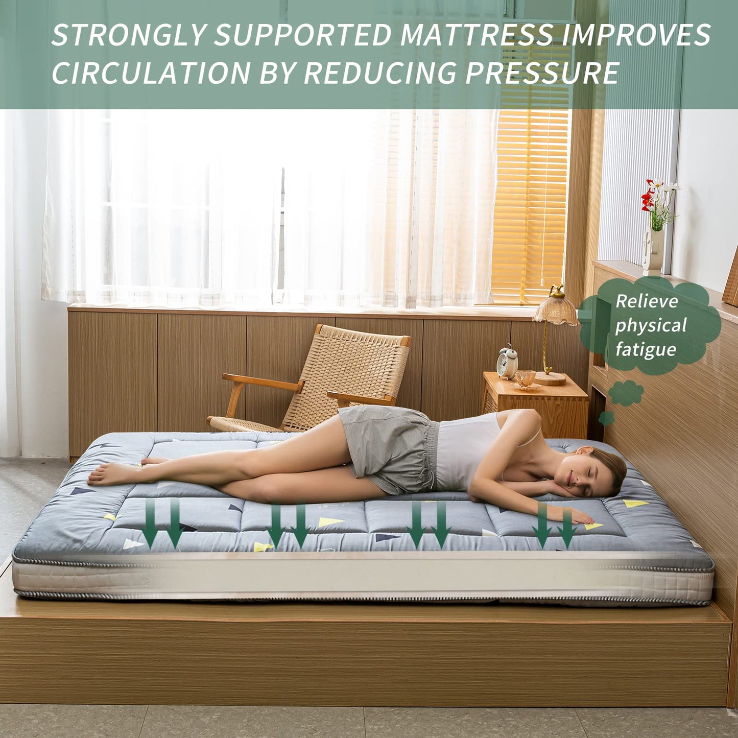 MAXYOYO Extra Thick Padded Japanese Floor Mattress, Roll Up Futon Mattress, Grey Triangle Printed