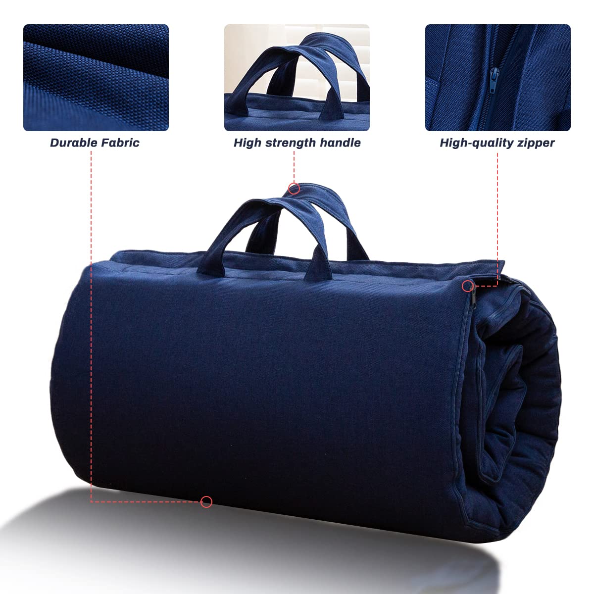 MAXYOYO Portable Foldable Futon Mattress, Foam Mattress Pad with Handle and Zipper, Navy