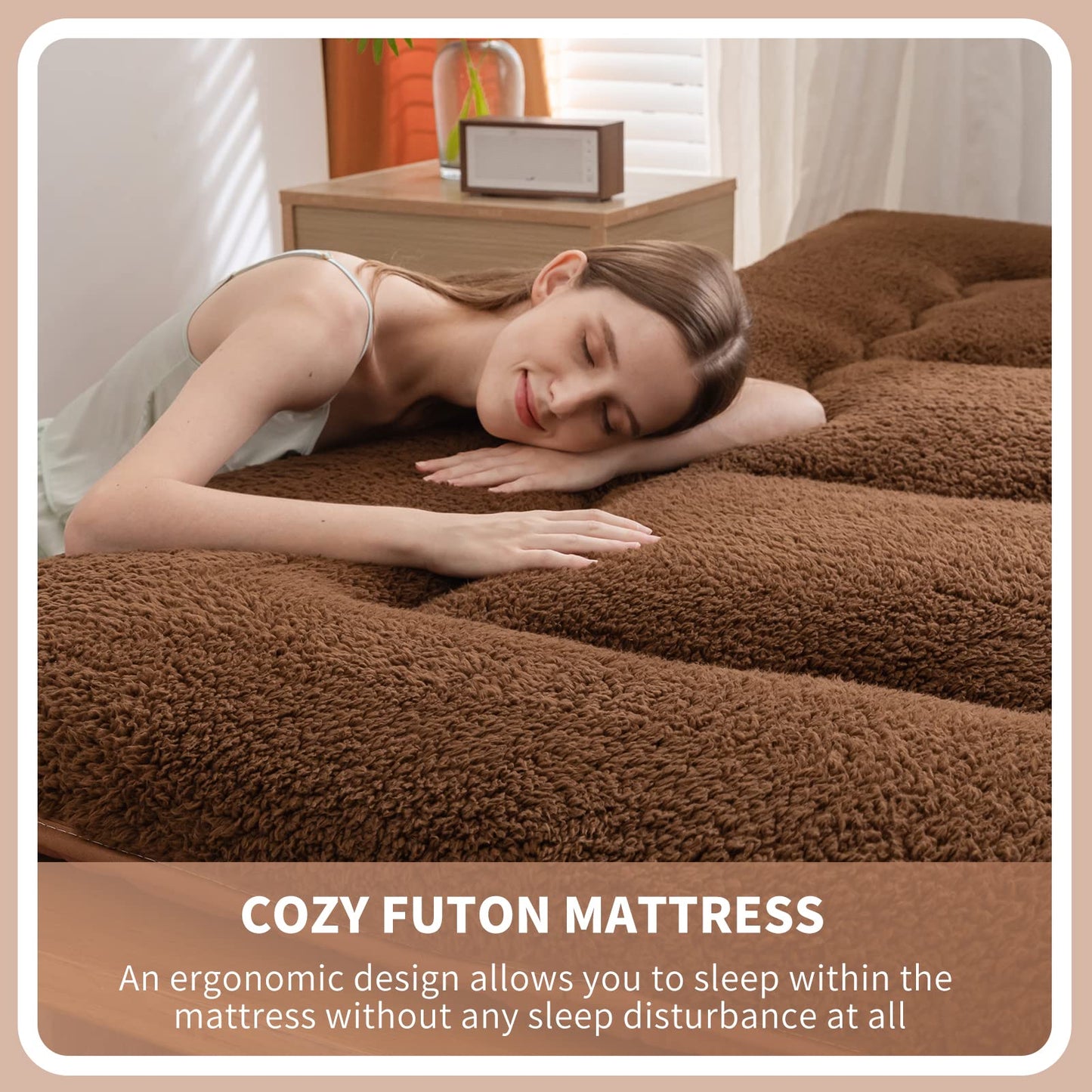 MAXYOYO Sherpa Fleece Floor Mattress Futon Mattress,Coffee Japanese Style Roll Up Mattress