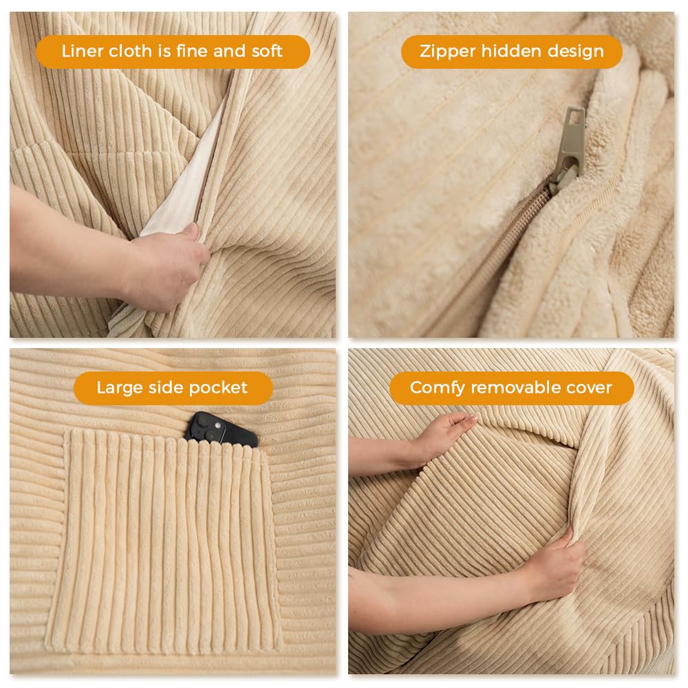 MAXYOYO Bean Bag Bed - Convertible Folds from Bed To Bean Bag Chair - Large Bean Bag with Soft Cover (Camel)