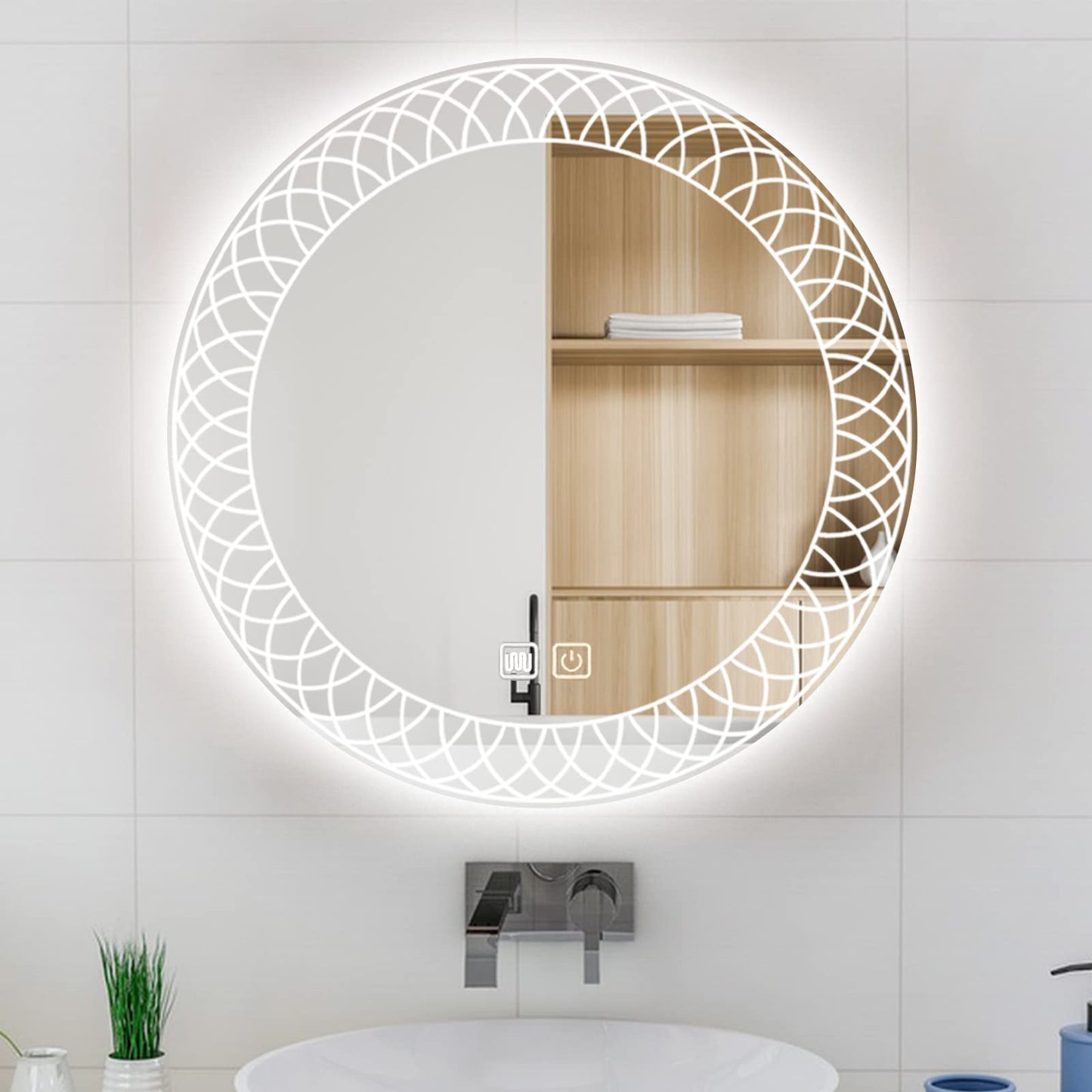 MAXYOYO Patterned Round Bathroom Mirror Wall Mounted Mirror with 3-Color Dimmable LED Light, IP44 (Kaleidoscope)