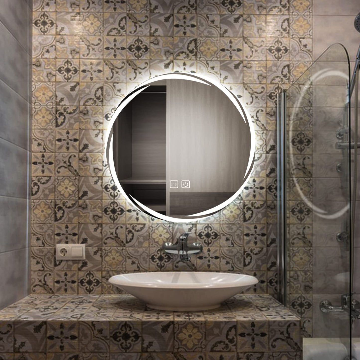 MAXYOYO Patterned Round Bathroom Mirror Wall Mounted Mirror with 3-Color Dimmable LED Light, IP44 (Whirlwind)