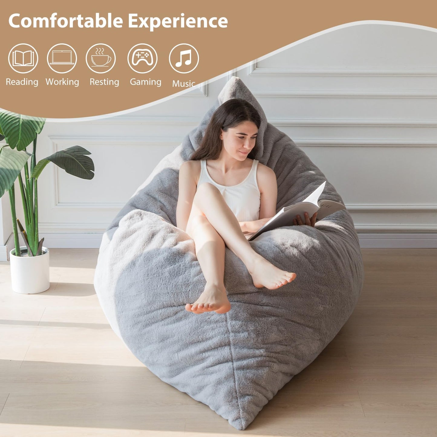 MAXYOYO Giant Bean Bag Bed - Square Bean Bag Chair with Plush Cover and Fluffy Filling Included for Adult (Gray)