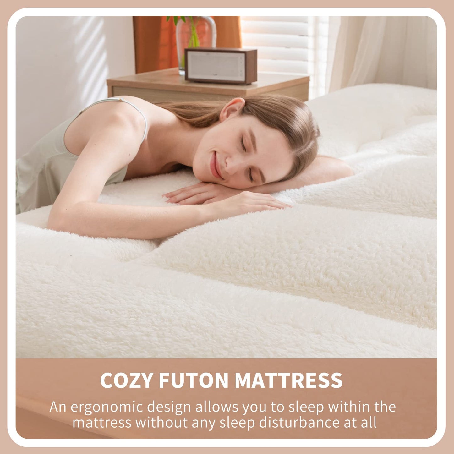 MAXYOYO Sherpa Fleece Floor Mattress Futon Mattress, Off White Japanese Style Roll Up Mattress