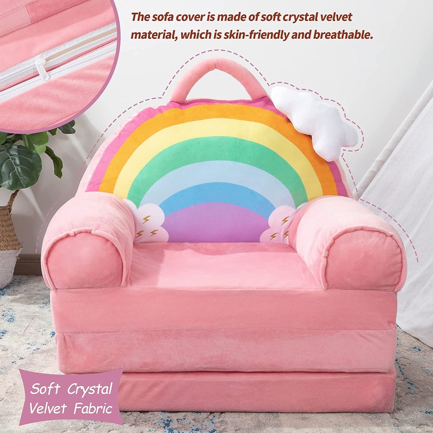 MAXYOYO Kids Fold Out Chair - Cute Folding Sofa Bed Couch Armchair for Playroom Bedroom (Rainbow)