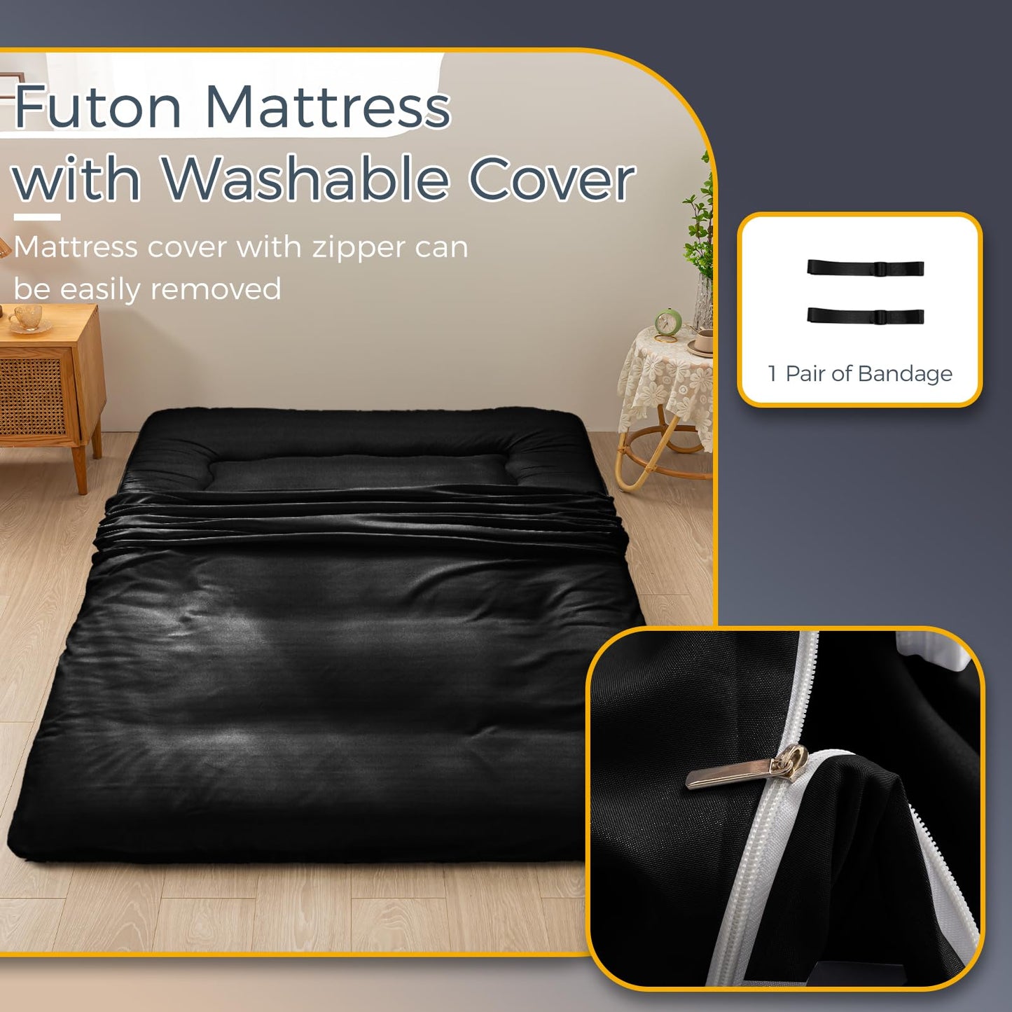 MAXYOYO 15cm Japanese Floor Mattress, Classic Quilted Bed Mattress, Extra Thick Sleeping Pad Breathable Floor Lounger Guest Bed Car Bed (Black)