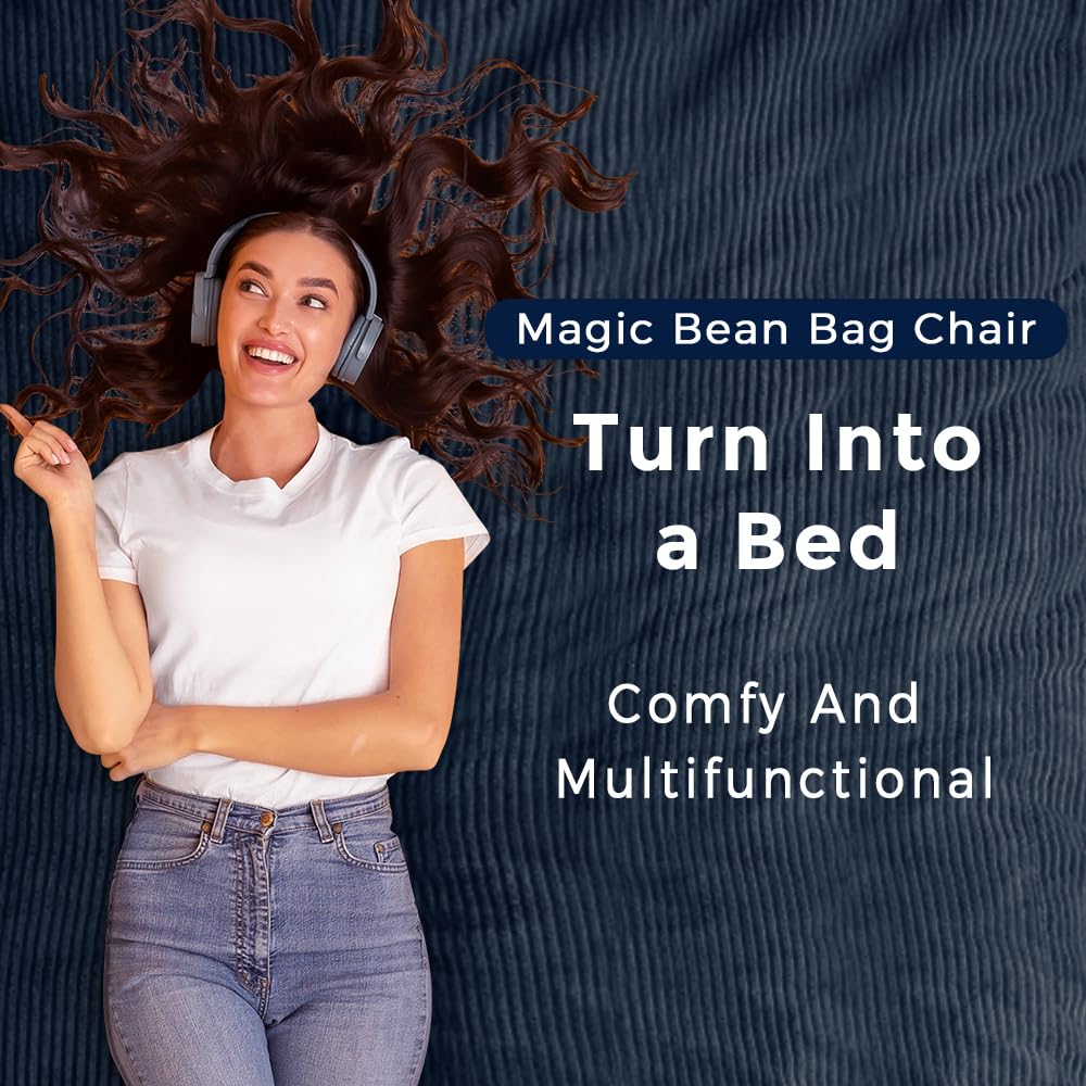 MAXYOYO Bean Bag Bed - Convertible Folds from Bed To Bean Bag Chair - Large Bean Bag with Soft Cover (Navy)